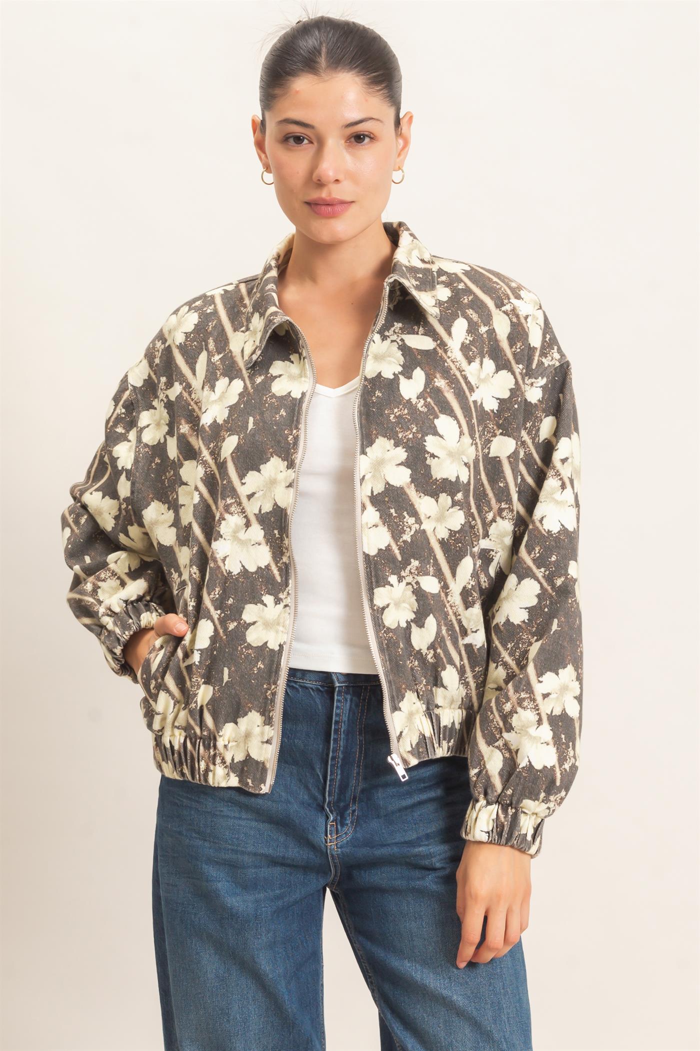 Wholesale Floral Zip-Up Bomber Jacket Bomber Jackets HF26C837 BROWN HYFVE
