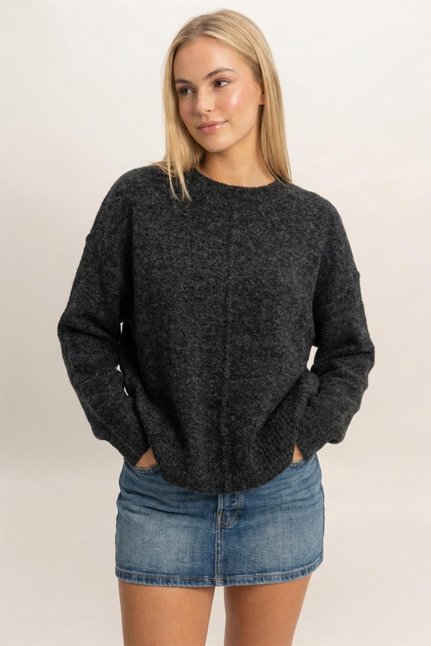 Wholesale Crew Neck Seam Detail Sweater Sweaters DZ26E240 BLACK DOUBLE ZERO