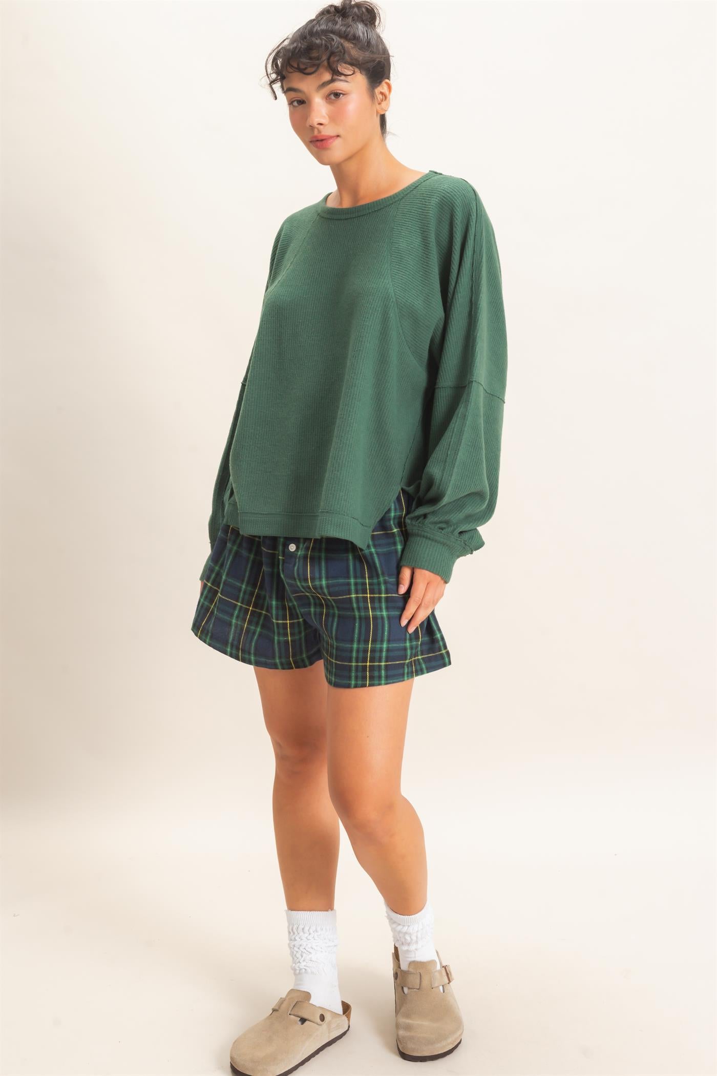 Wholesale Brushed Waffle Long Sleeve Top Clothing Tops DZ26F312 DARK GREEN DOUBLE ZERO