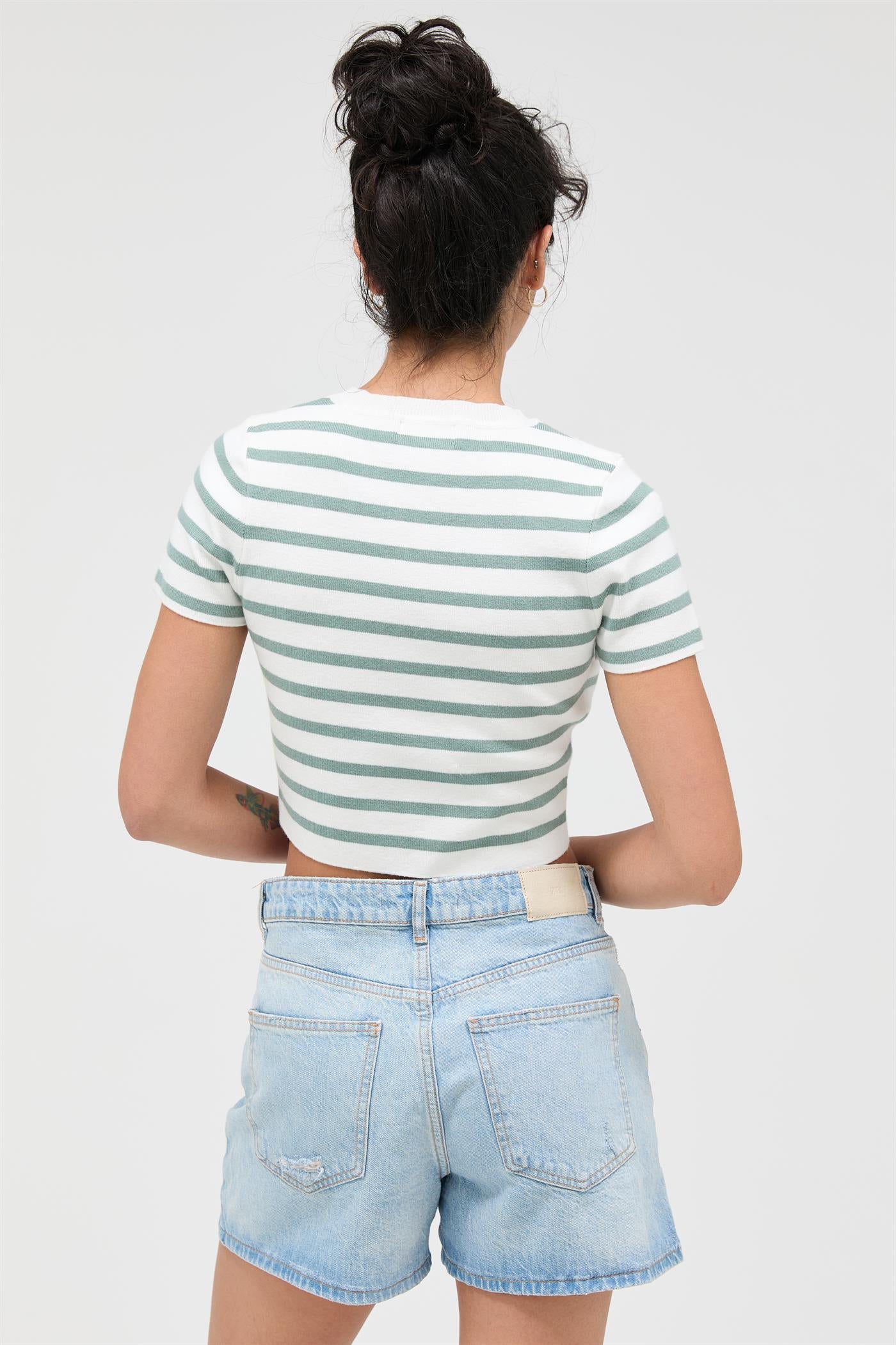 Wholesale Striped And Knit Crew Neck Crop Top Clothing Tops DZ26A139 SAGE GREEN DOUBLE ZERO