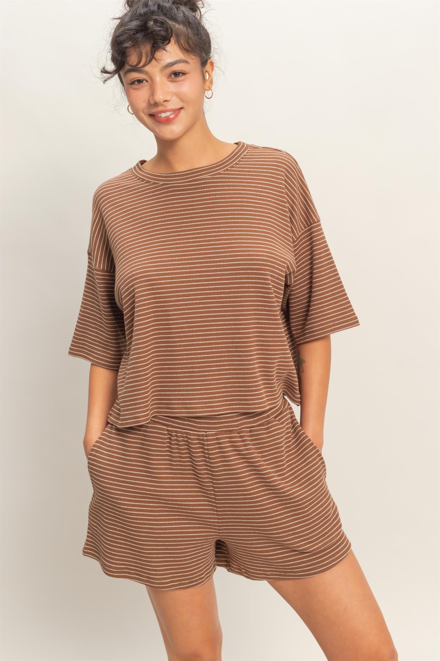 Wholesale Striped Round Neck Top & Shorts Set Clothing DZ26A045-SET BROWN DOUBLE ZERO