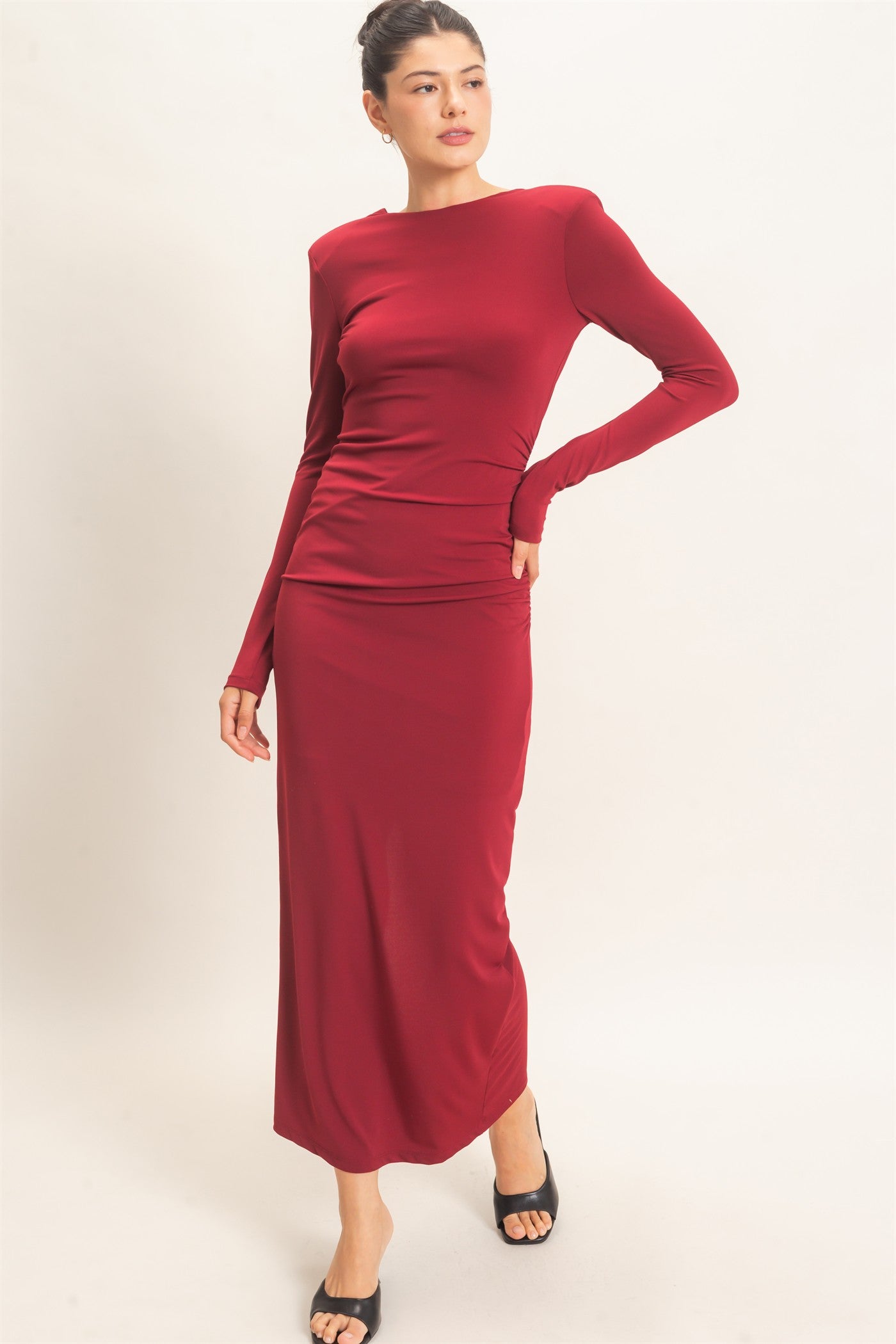 Wholesale Ruched Long Sleeve Open Back Midi Dress Dresses HF26F118 DARK RED HYFVE