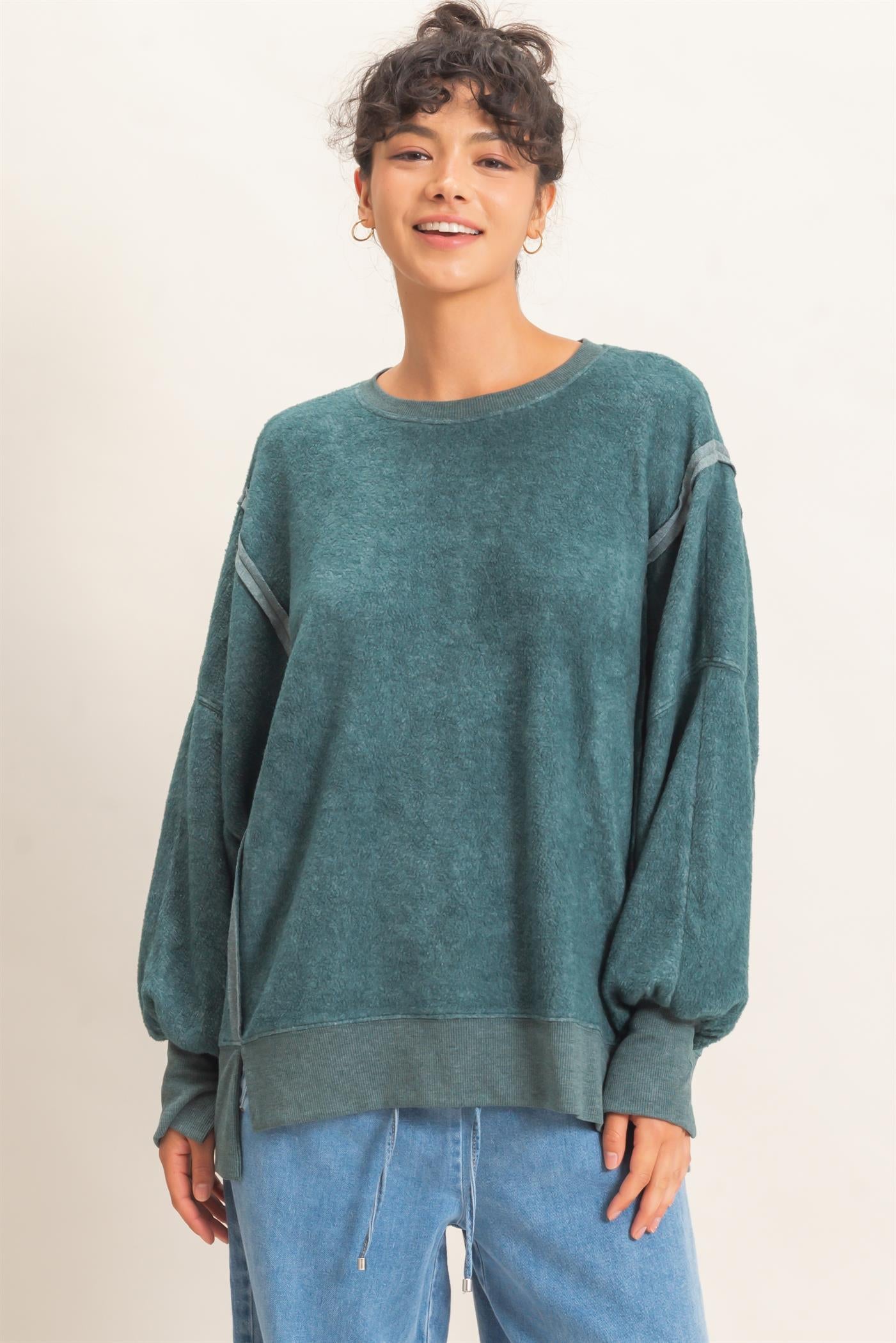 Wholesale Oversized Raw Edge Crew Neck Sweatshirt Sweatshirts DZ26E273 DARK TEAL DOUBLE ZERO