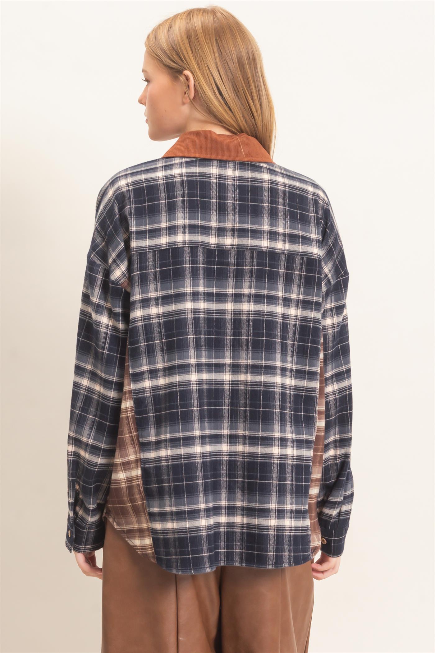 Wholesale Plaid Button-Up Shirt With Corduroy Collar Shirts HF26E157 BLACK HYFVE