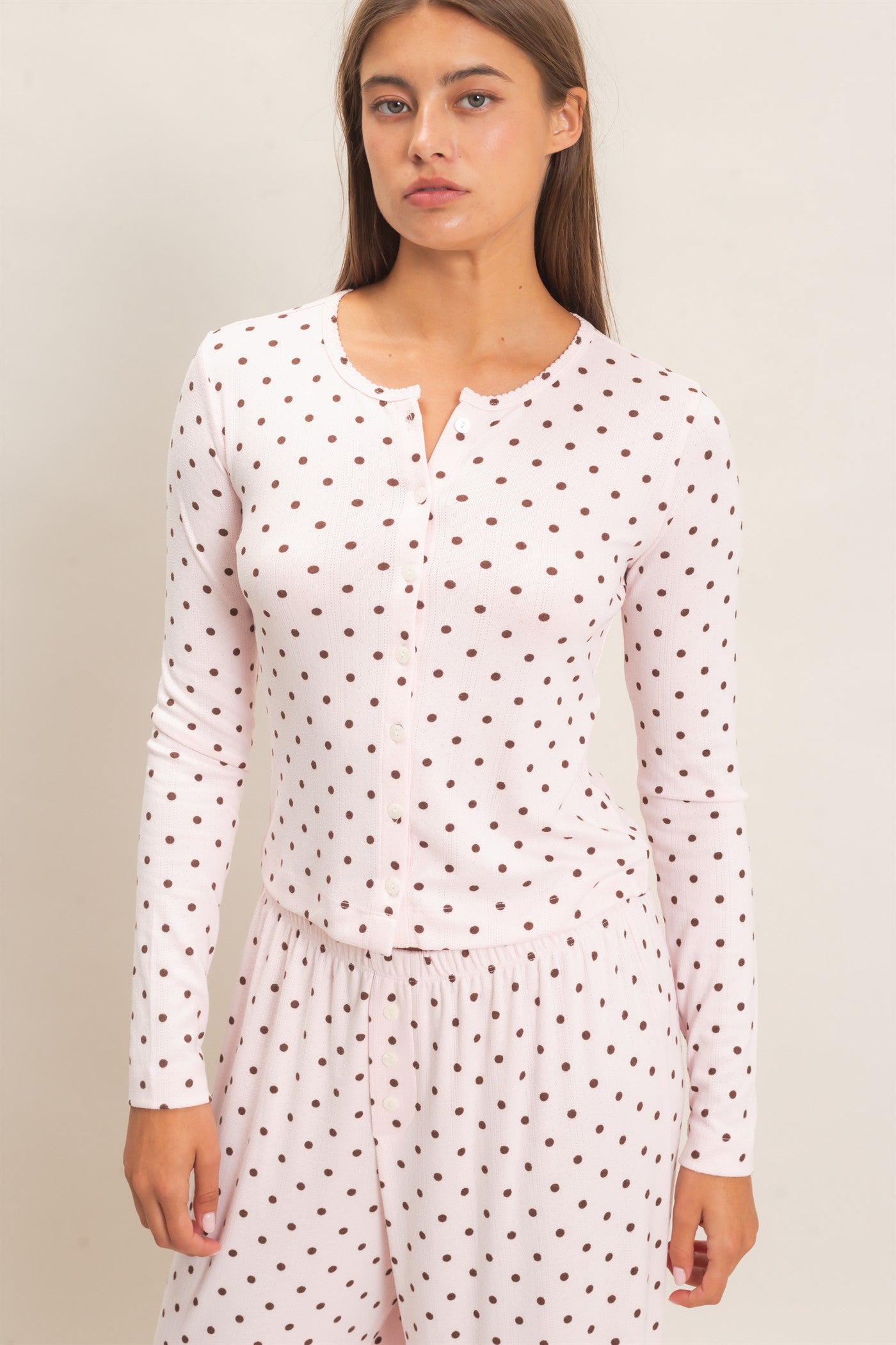 Wholesale Polka Dot Button Front Long Sleeve Top Clothing Tops DZ27A156 LIGHT PINK DOUBLE ZERO
