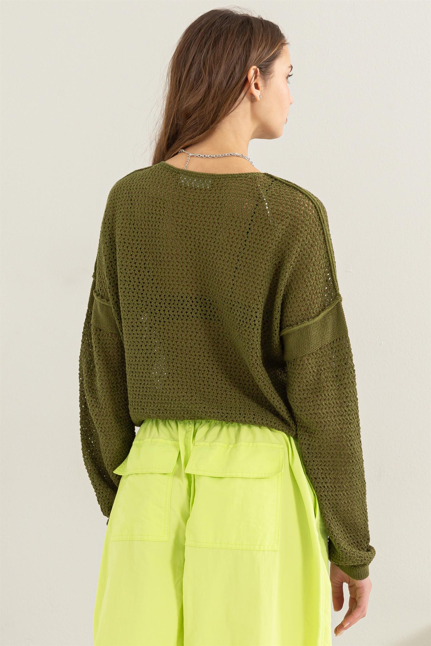 Wholesale Open Knit Drop Shoulder Sweater Clothing Tops DZ24C033 MOSS DOUBLE ZERO