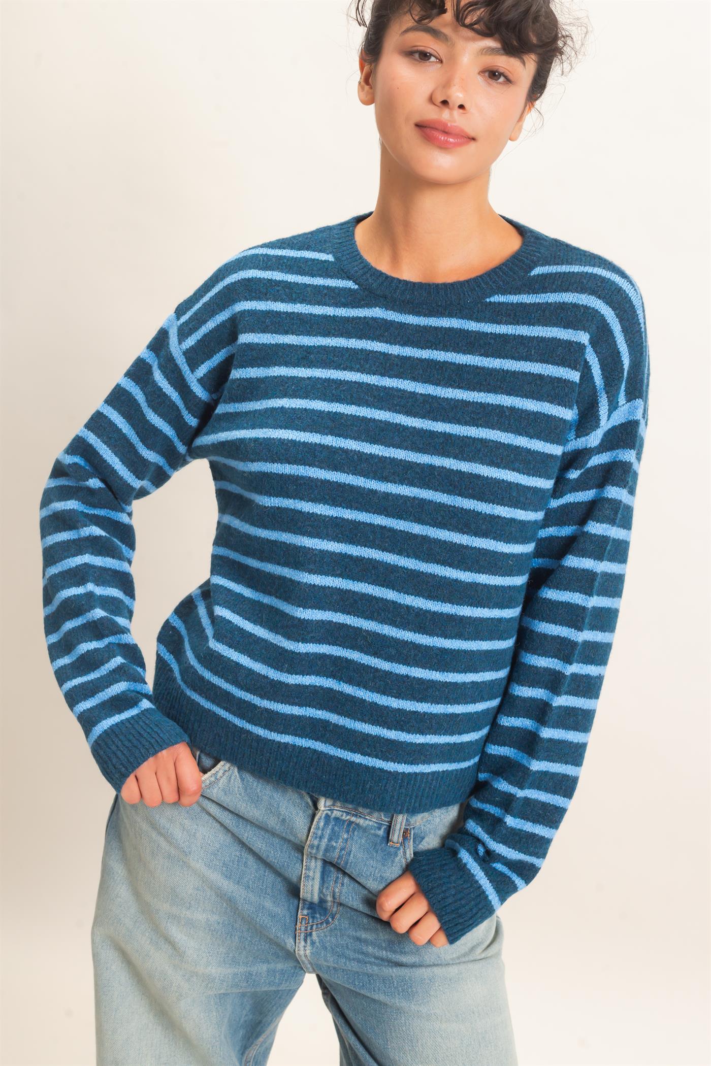 Wholesale Striped Crew Neck Sweater Sweaters DZ26C612 BLUE DOUBLE ZERO