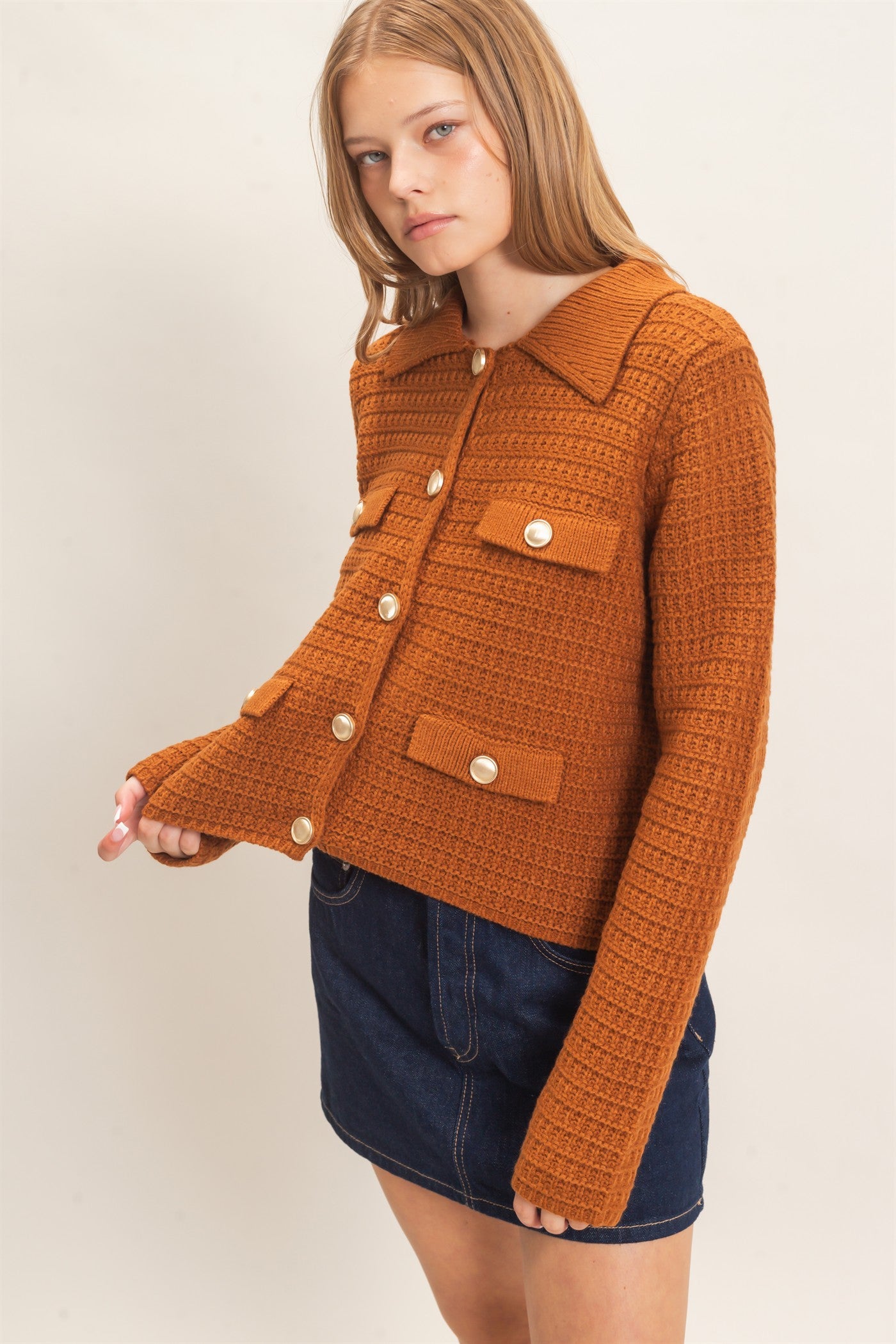 Wholesale Textured Collared Sweater Jacket Cardigans HF26F190 CAMEL HYFVE