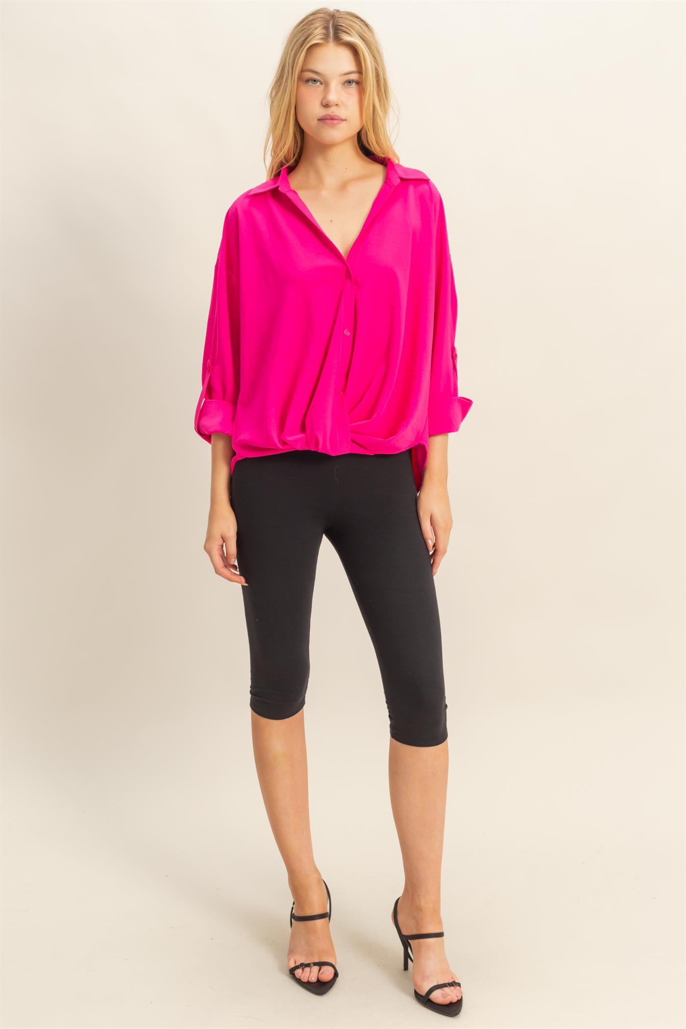 Wholesale Button-Down Blouse With Flowing Fit Clothing Tops HF25C543 FUCHSIA HYFVE