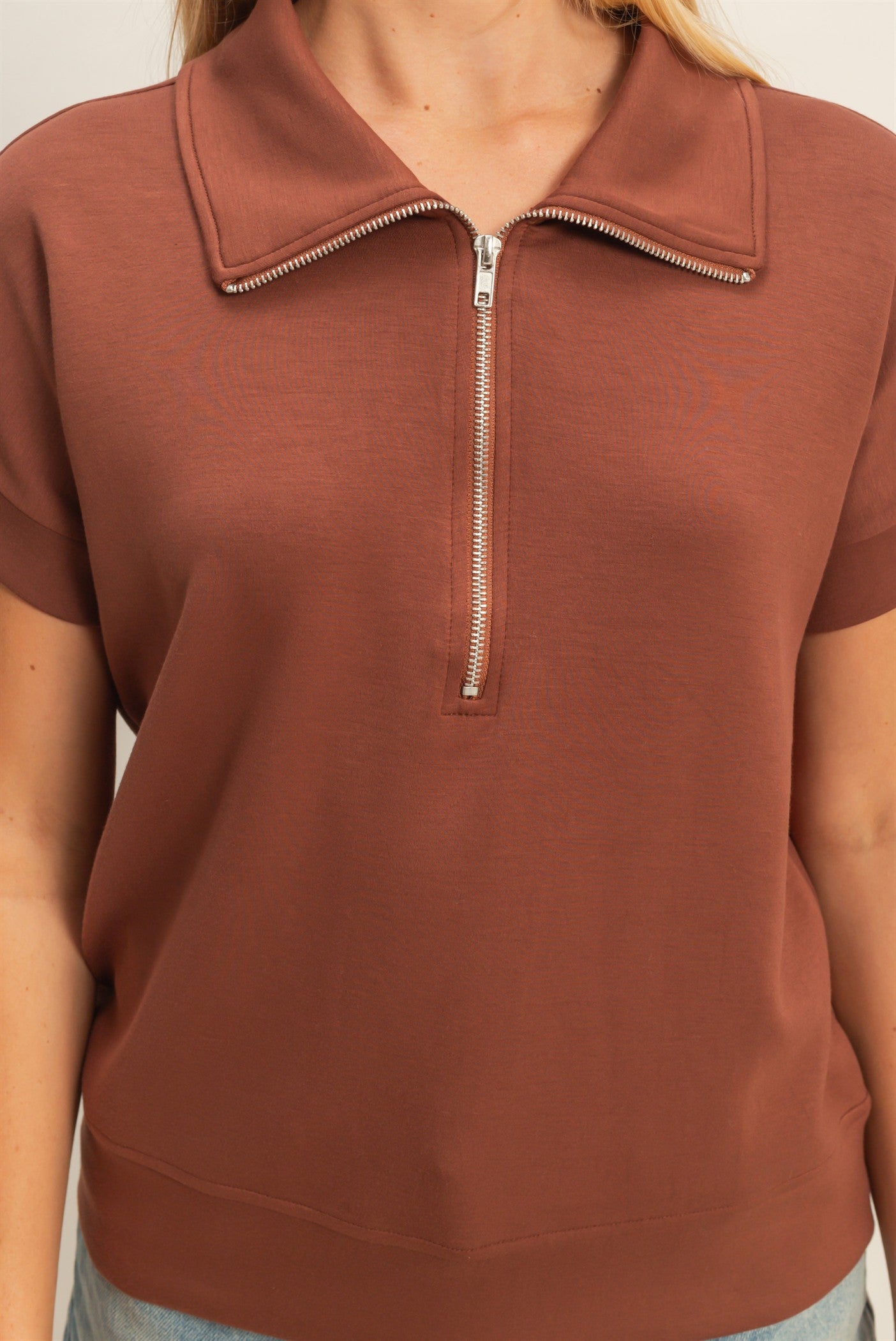 Wholesale Short Sleeve High Neck Half-Zip Top Clothing Tops DZ26C735 CHESTNUT DOUBLE ZERO