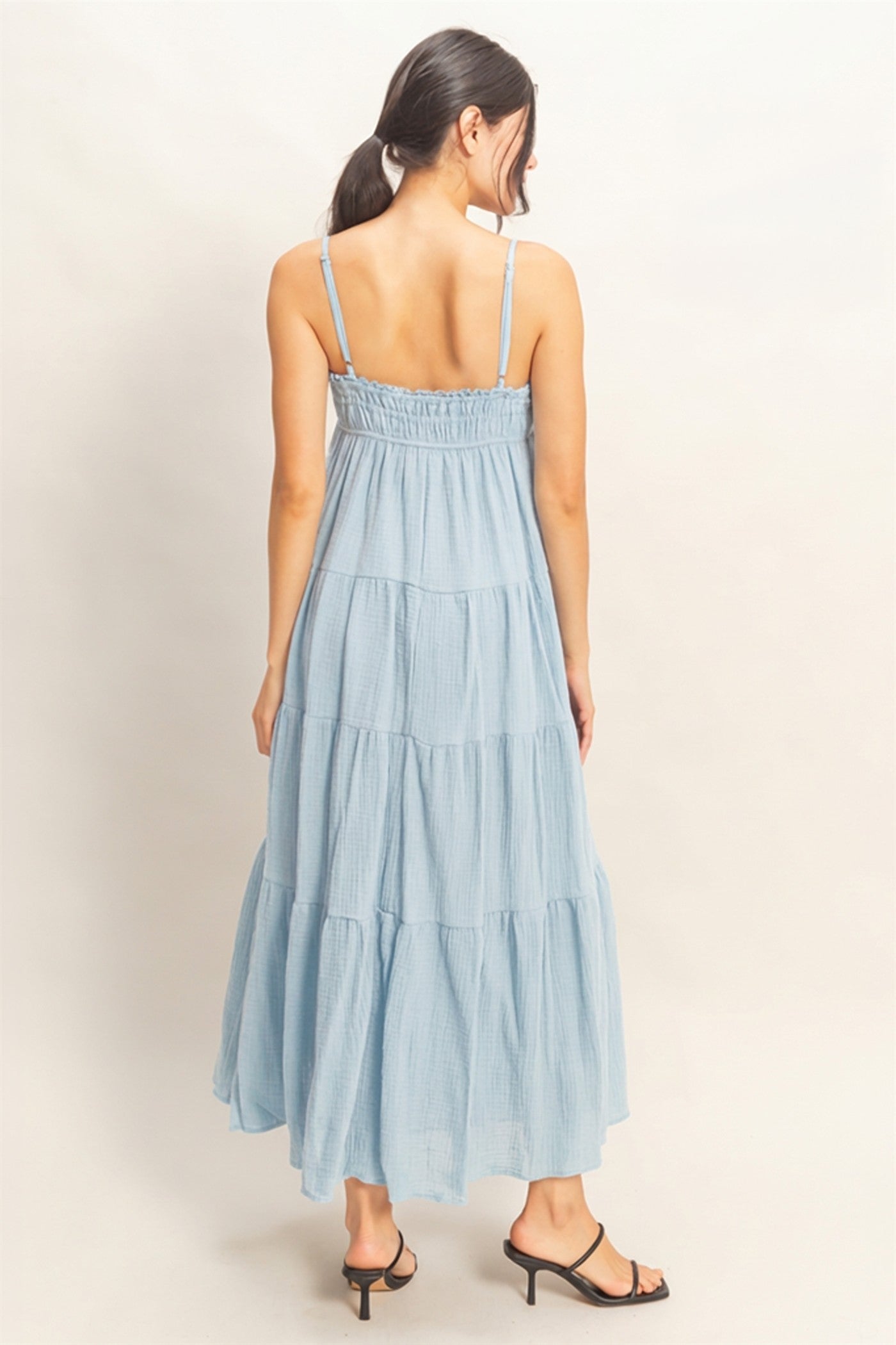 Wholesale Smocked Tiered Maxi Dress Dresses HF26C303 LIGHT BLUE HYFVE