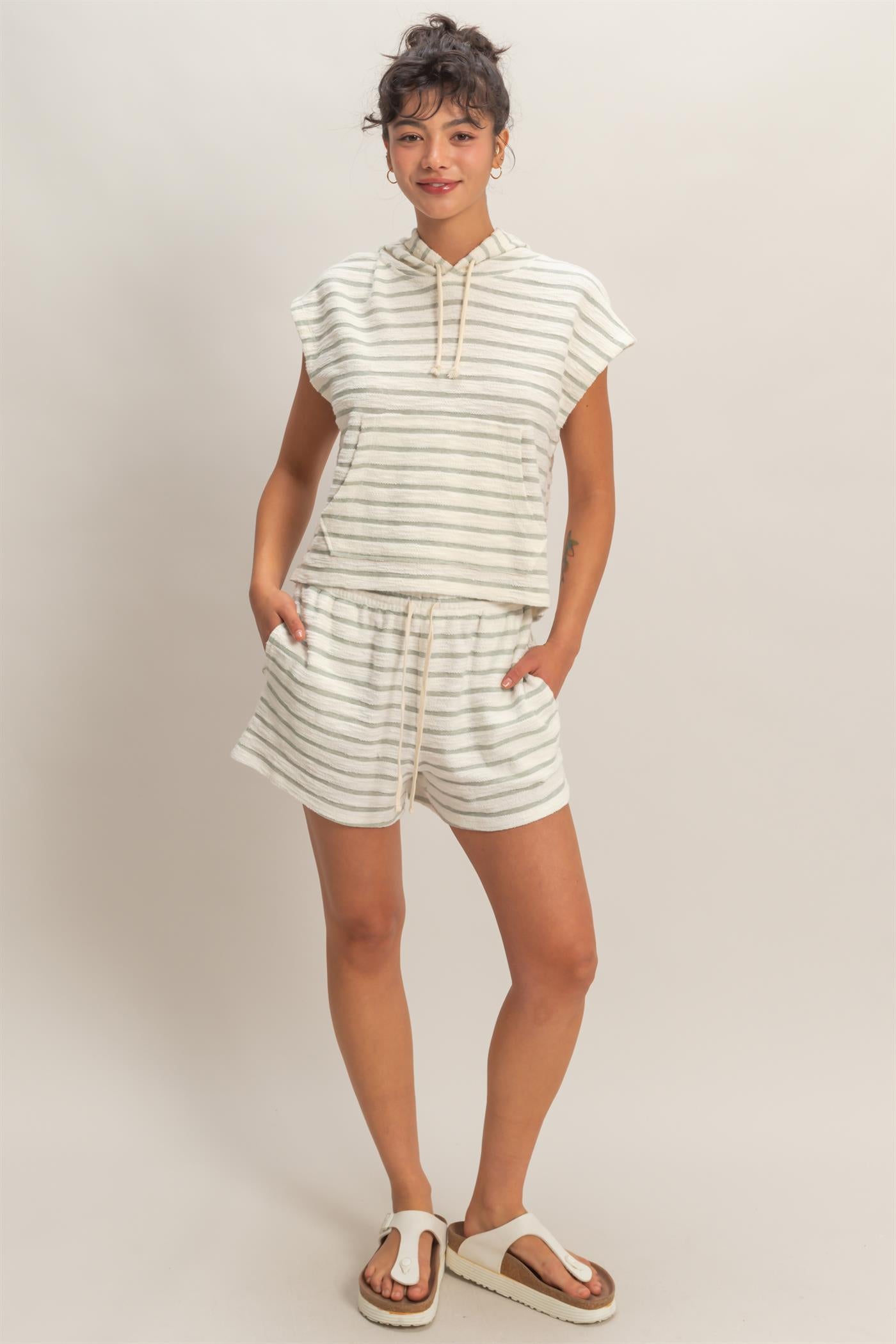 Wholesale Striped Drawstring Waist Shorts Shorts DZ26A753 SAGE GREEN DOUBLE ZERO