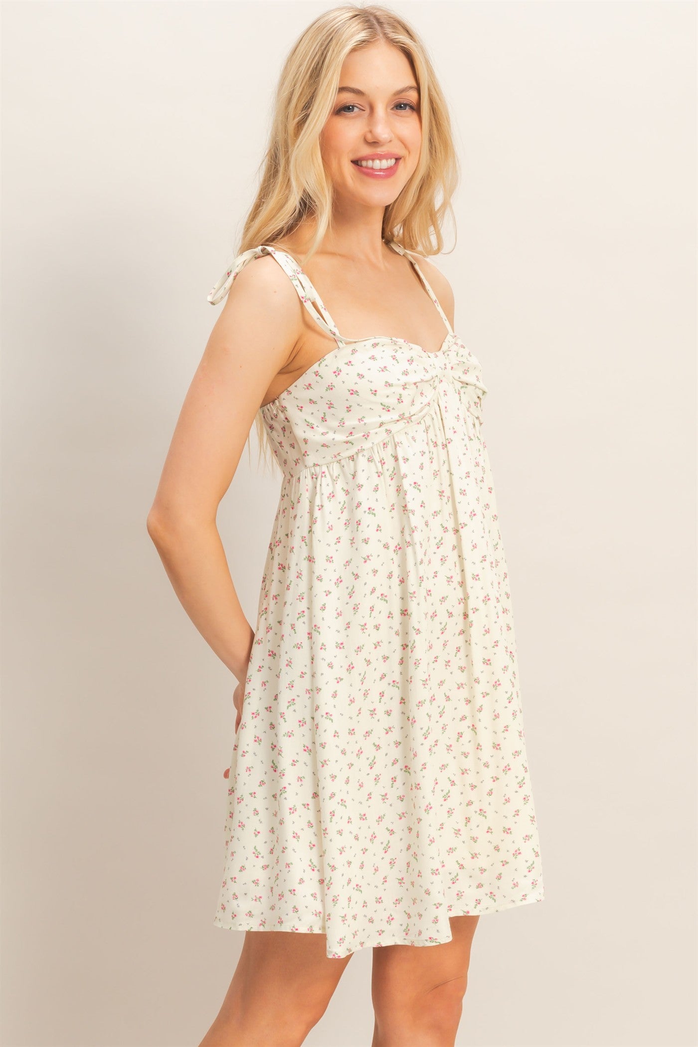 Wholesale Floral Print Tie Strap Mini Dress Dresses HF26C405 CREAM HYFVE
