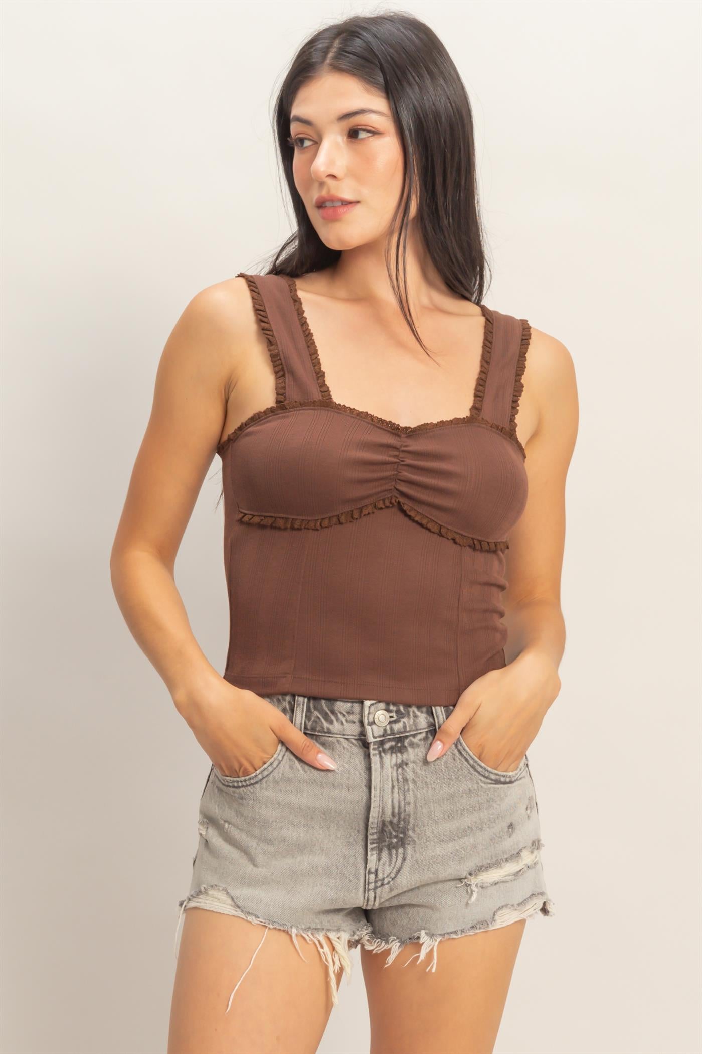 Wholesale Pointelle Shirred Trim Tank Top Clothing Tops DZ26A812 CHOCOLATE DOUBLE ZERO
