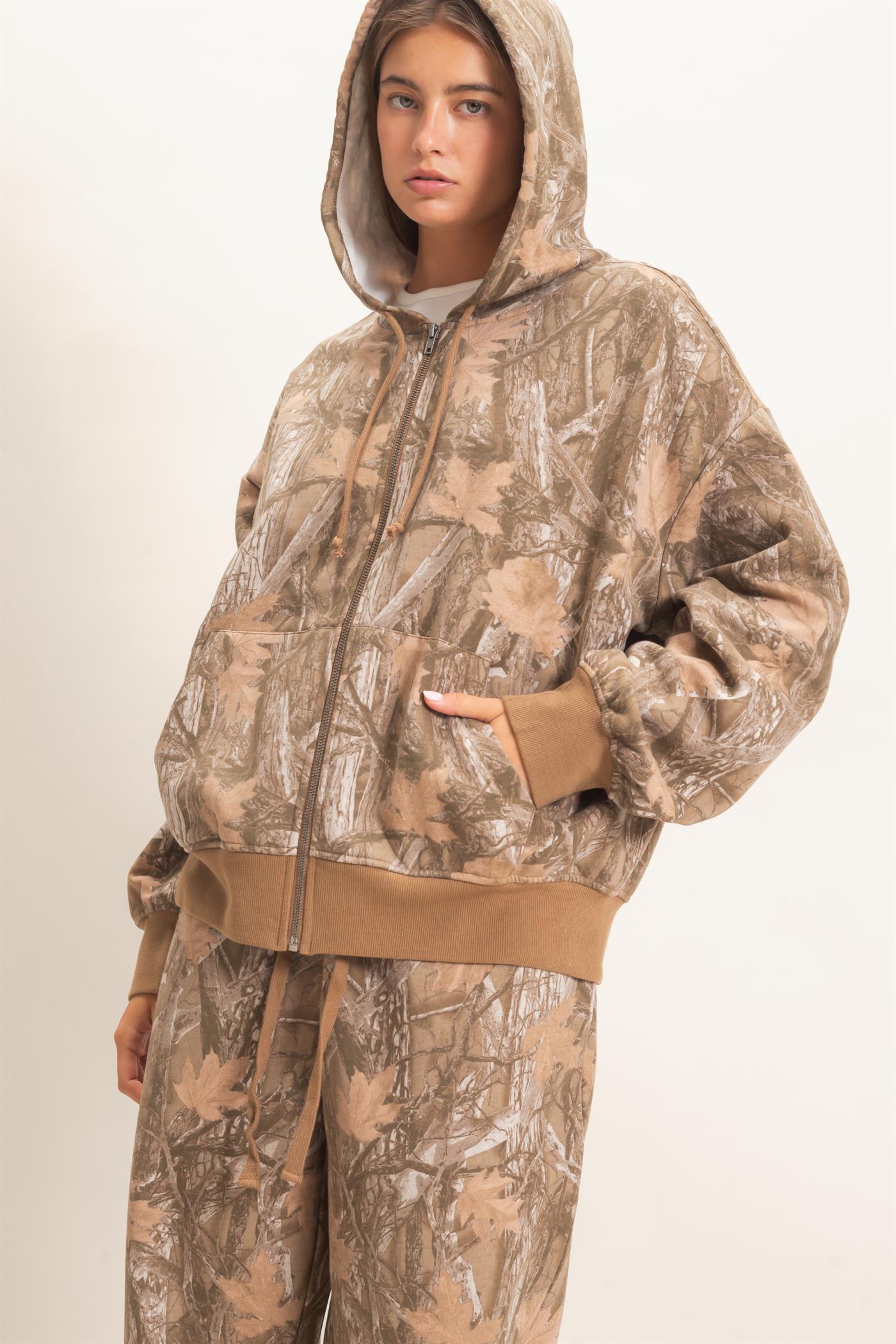 Wholesale Tree Camouflage Zip-Up Hoodie Outerwear DZ26E291 BROWN DOUBLE ZERO