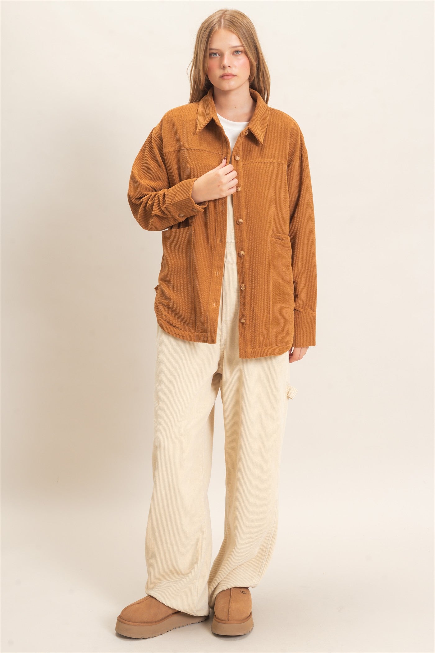 Wholesale Corduroy Button-Up Shirt Outerwear HF26F163 CAMEL HYFVE