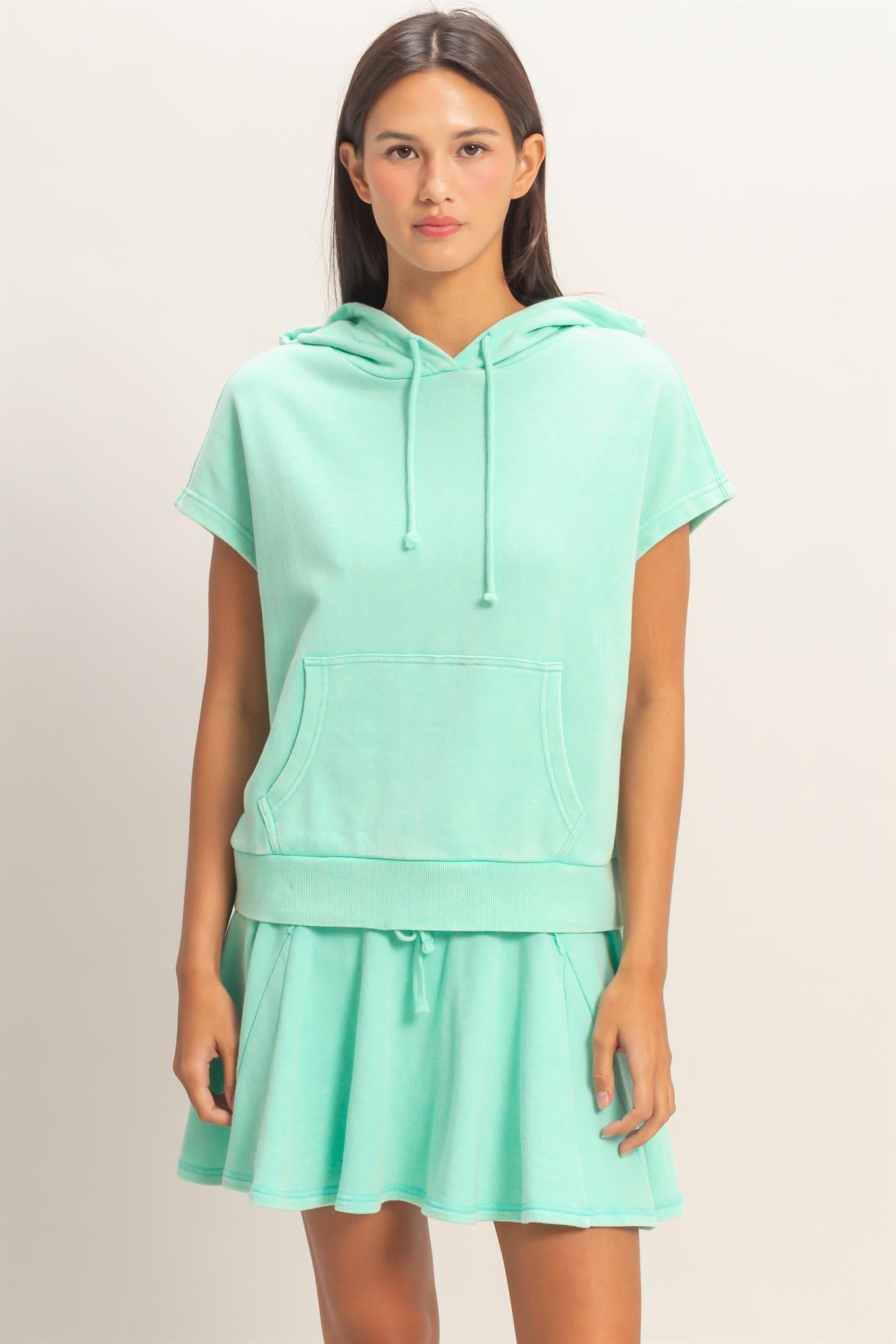 Wholesale Acid Washed Sleeveless Hooded Kangaroo Pocket Top Hoodies DZ26A411 MINT DOUBLE ZERO