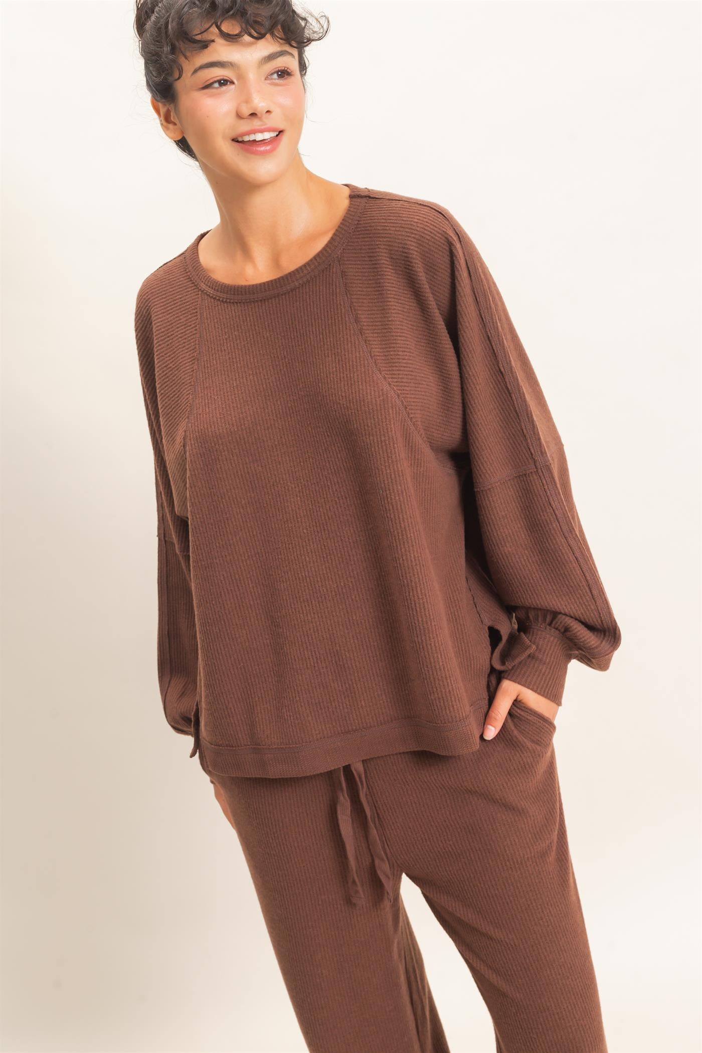 Wholesale Brushed Waffle Long Sleeve Top Clothing Tops DZ26F312 DARK BROWN DOUBLE ZERO