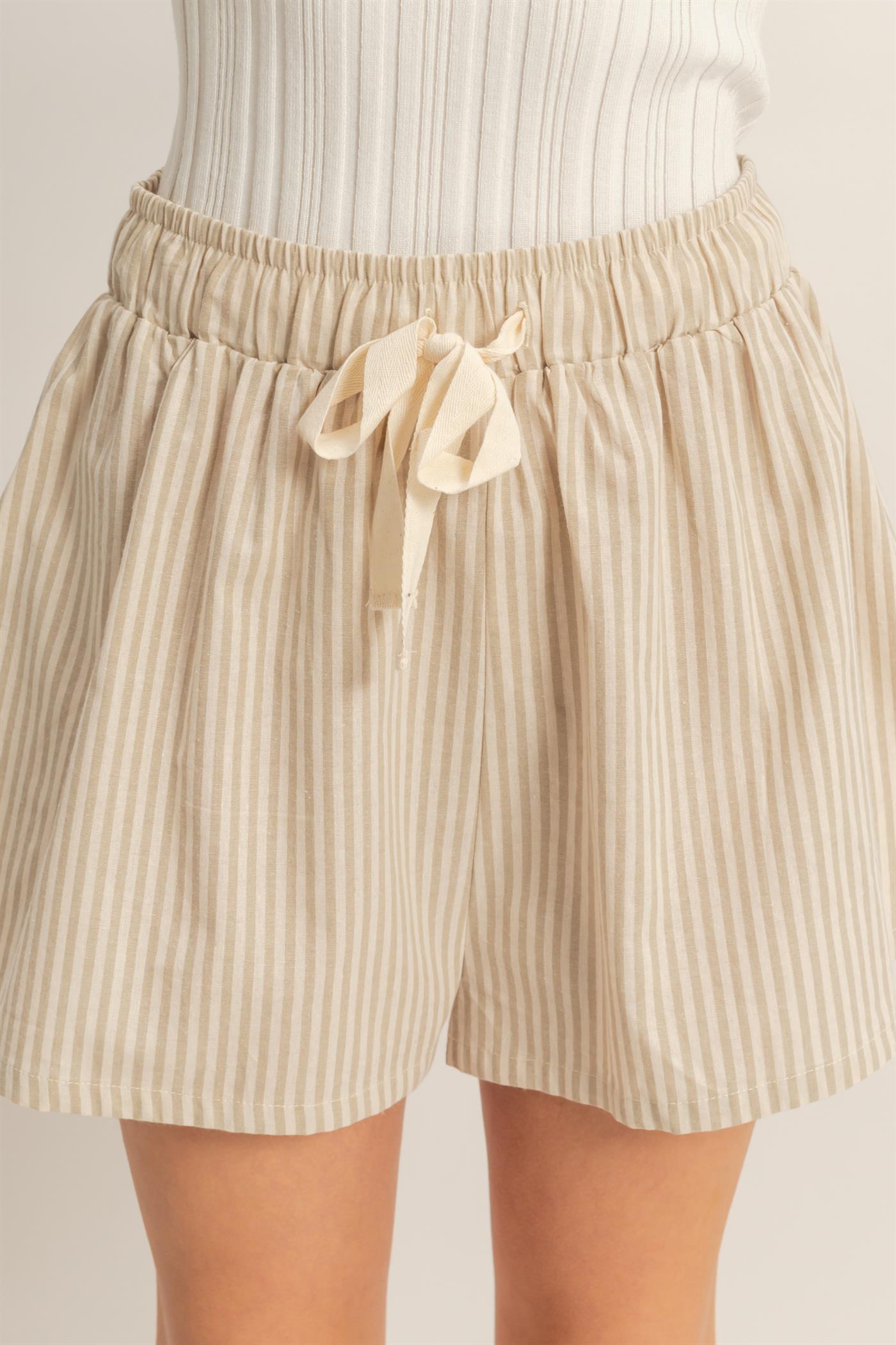 Wholesale Striped Elastic Waist Shorts Shorts HF26E387-D L.TAUPE HYFVE