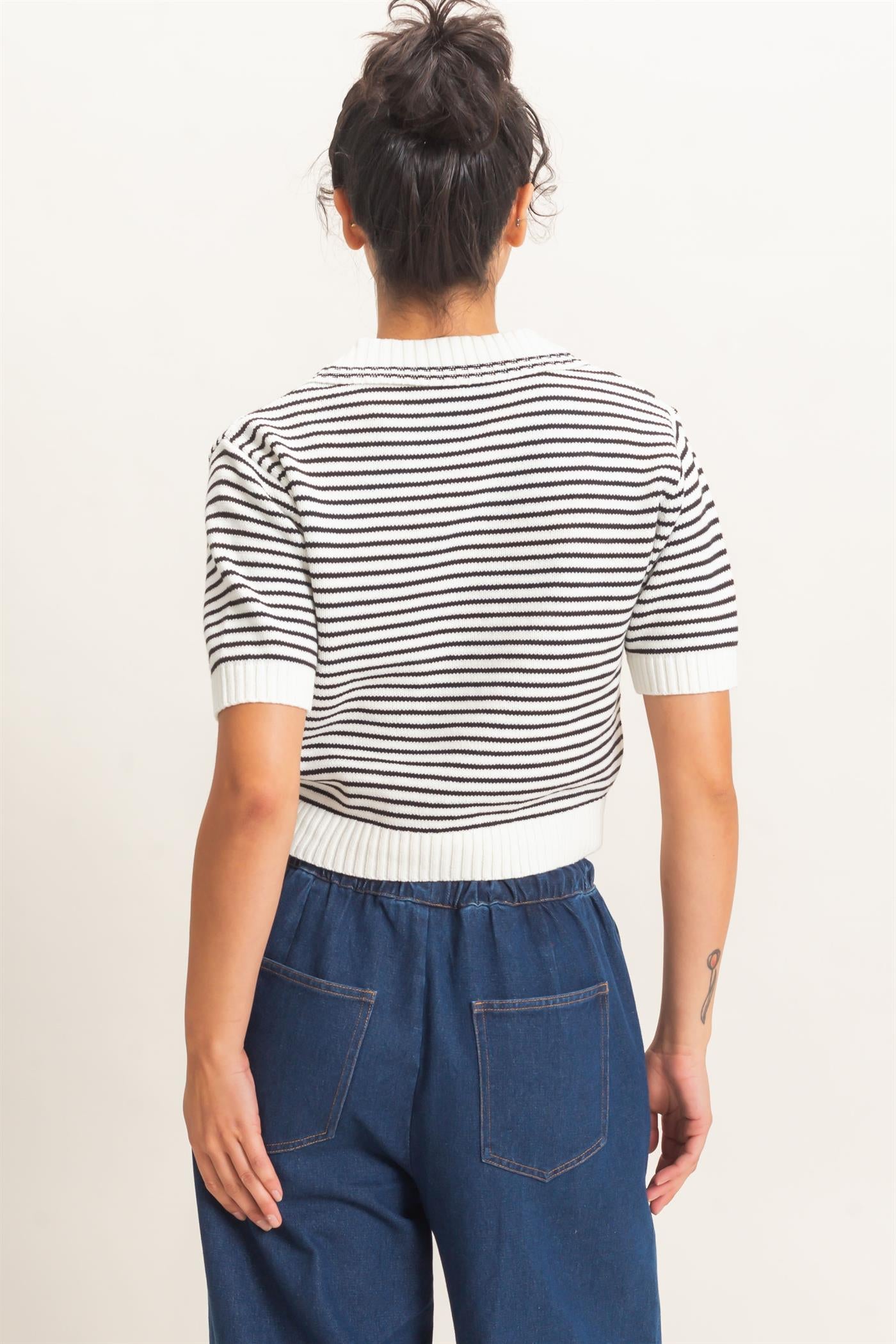 Wholesale Striped Short Sleeve Collar Knit Top Clothing Tops DZ26E261 CREAM DOUBLE ZERO