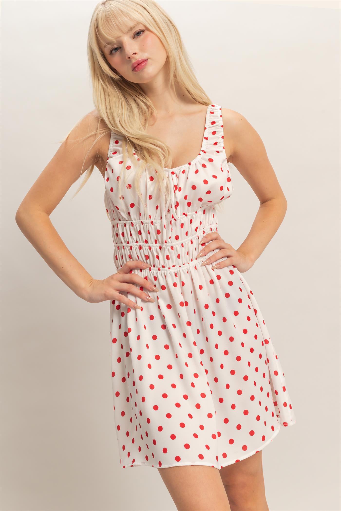 Wholesale Satin Polka Dot Mini Dress With Tie Dresses DZ25E064 RED DOUBLE ZERO