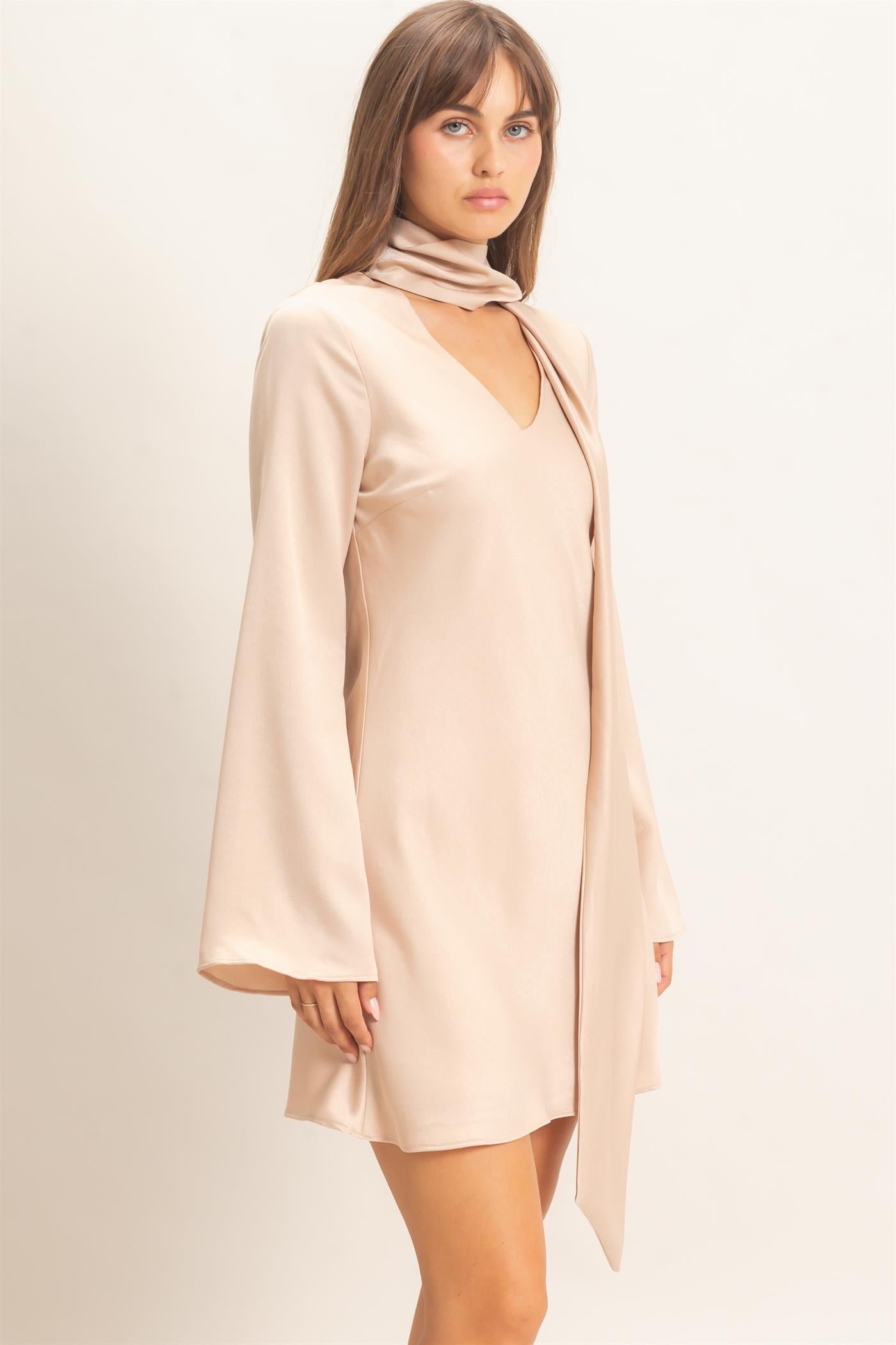Wholesale Bias Satin Dress With Scarf Dresses HF26E928 CHAMPAGNE HYFVE