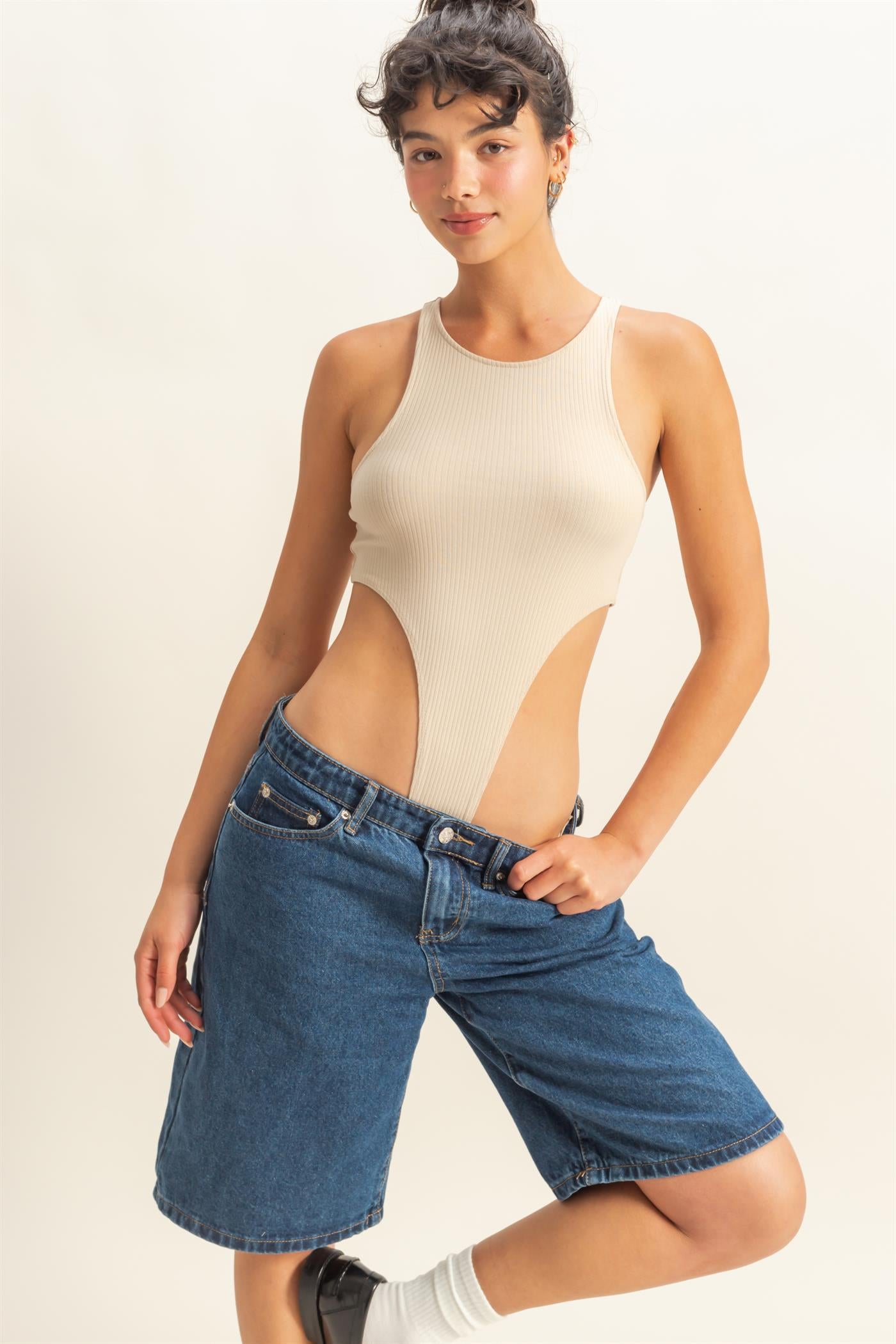 Wholesale High Cut Bodysuit Clothing Tops DZ22E146 KHAKI DOUBLE ZERO