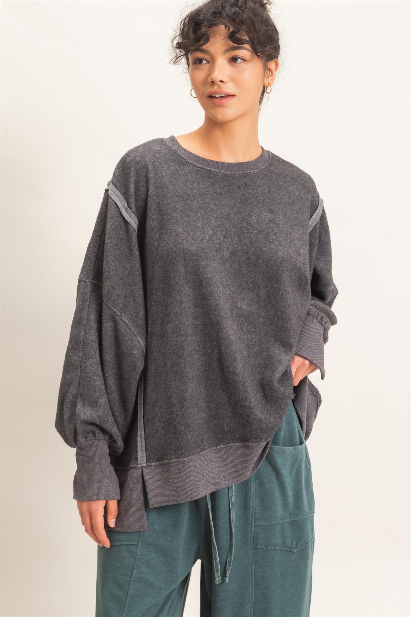 Wholesale Oversized Raw Edge Crew Neck Sweatshirt Sweatshirts DZ26E273 CHARCOAL DOUBLE ZERO
