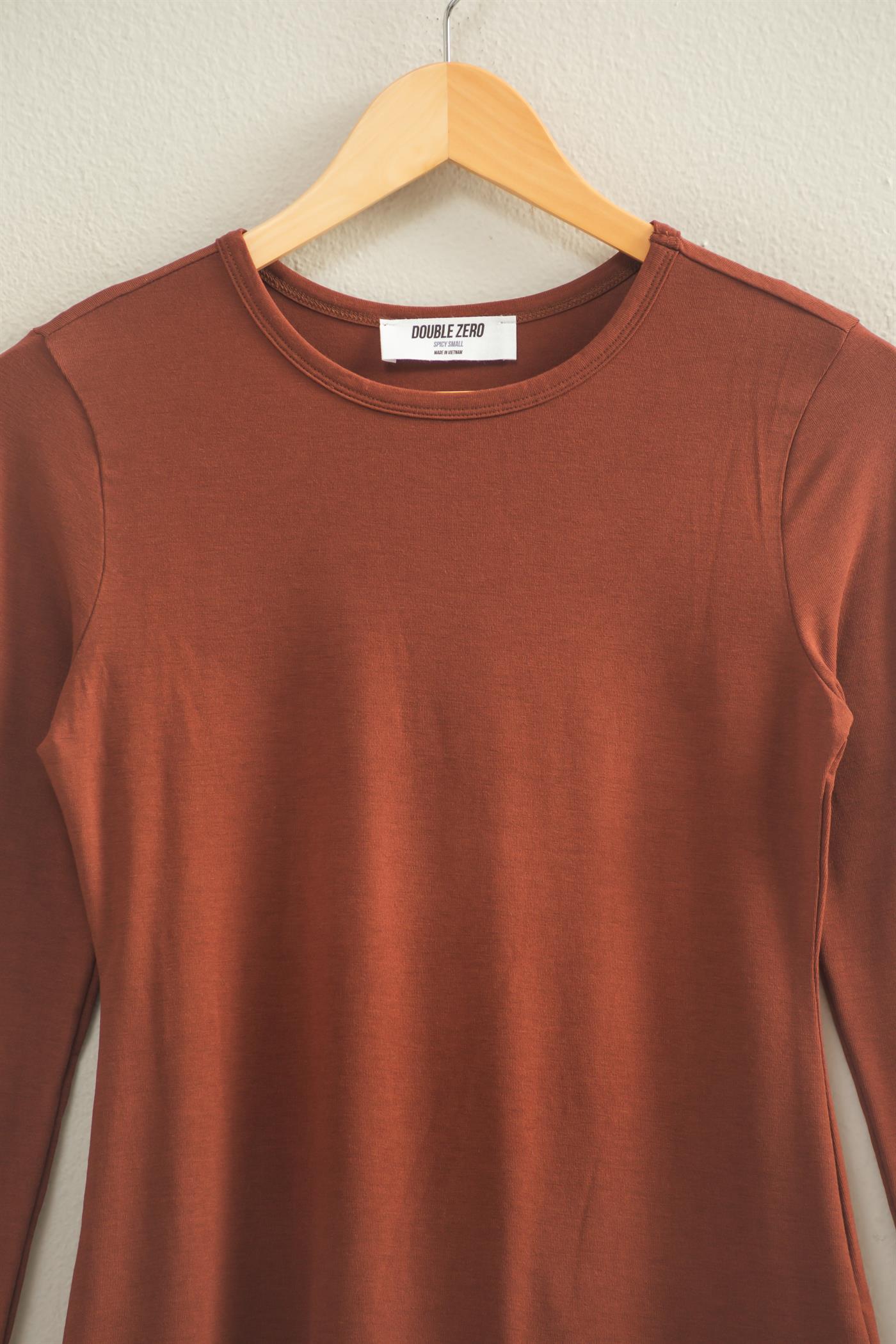 Wholesale Basic Long Sleeve Crew Neck Top Clothing Tops DZ25C950 CHESTNUT DOUBLE ZERO