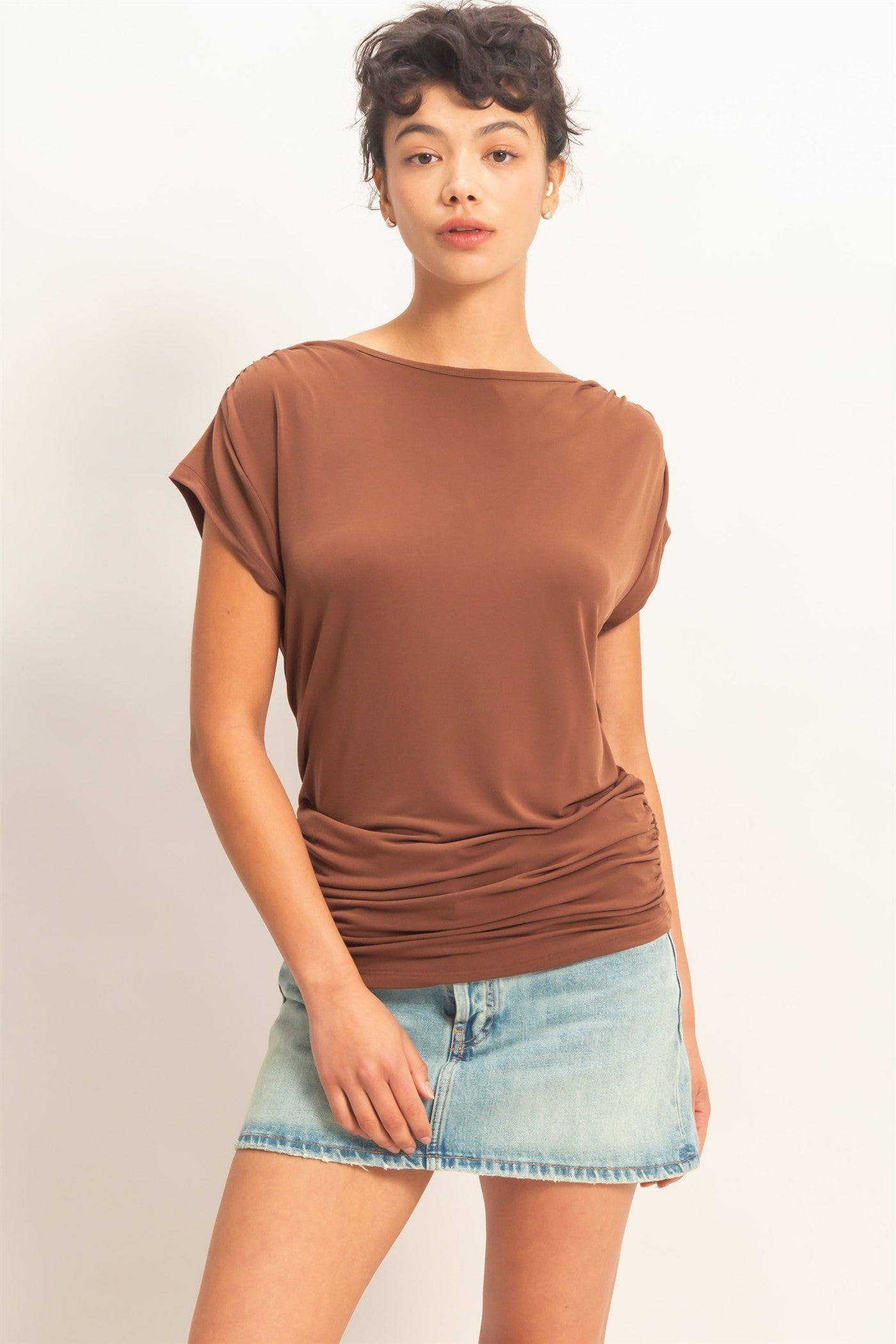 Wholesale Cowl Back Draped Cap Sleeve Top Clothing Tops DZ26C025 CHOCOLATE DOUBLE ZERO