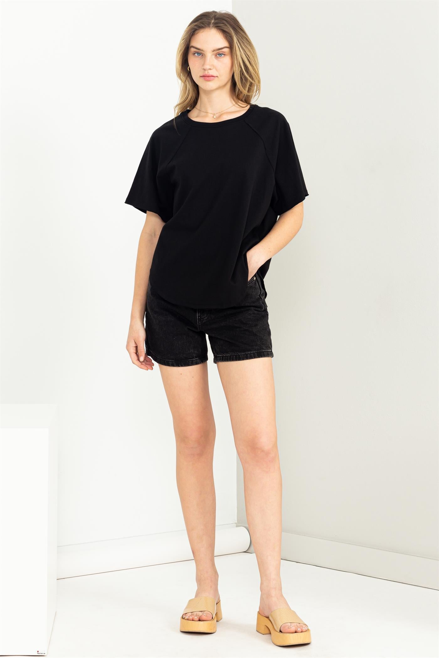 Wholesale Round Neck Curved Hem Short Sleeve T Shirt Clothing Tops DZ23C325 BLACK HYFVE