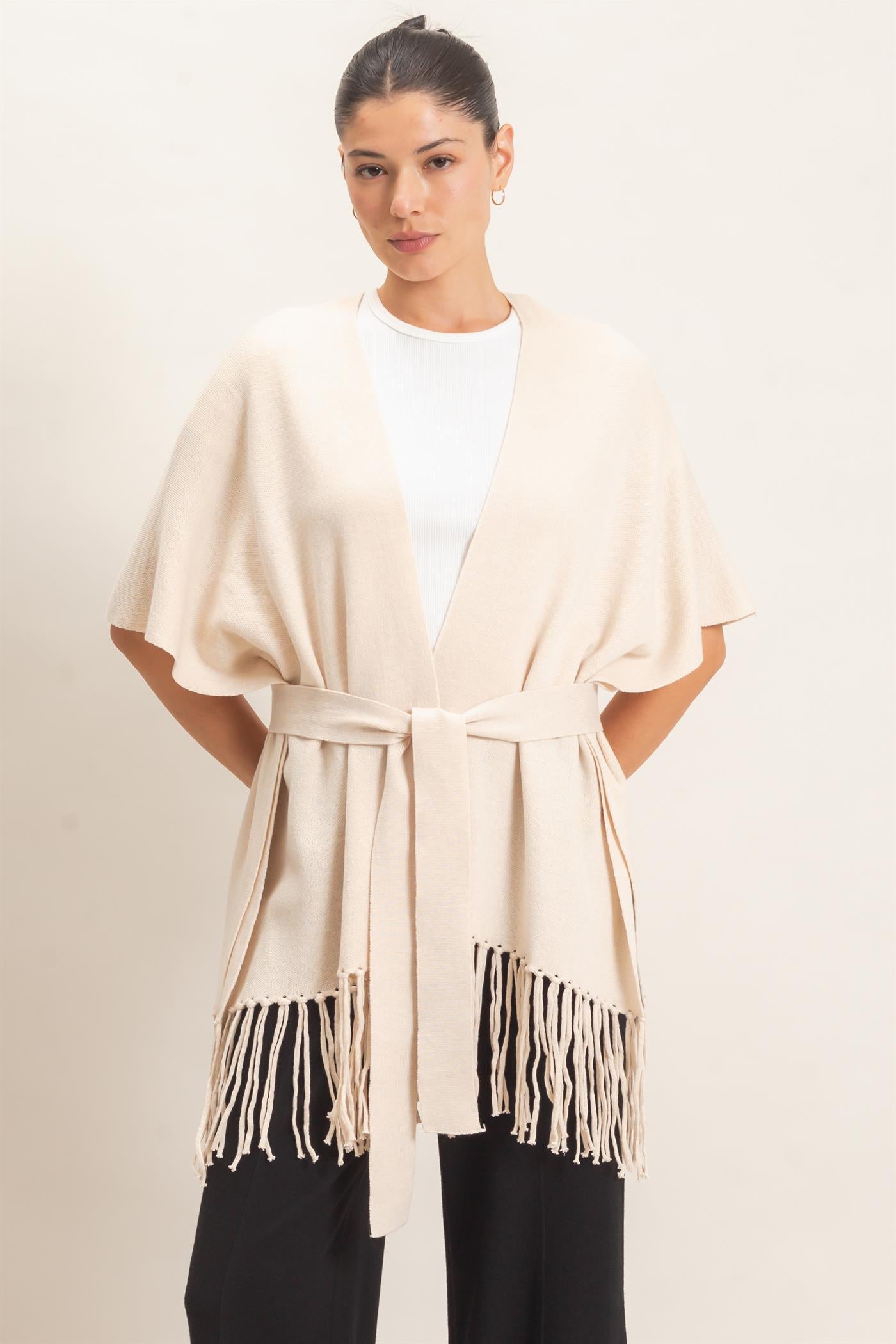 Wholesale Fringe Hem Kimono Sweater Kimonos HF26E041 OATMEAL HYFVE