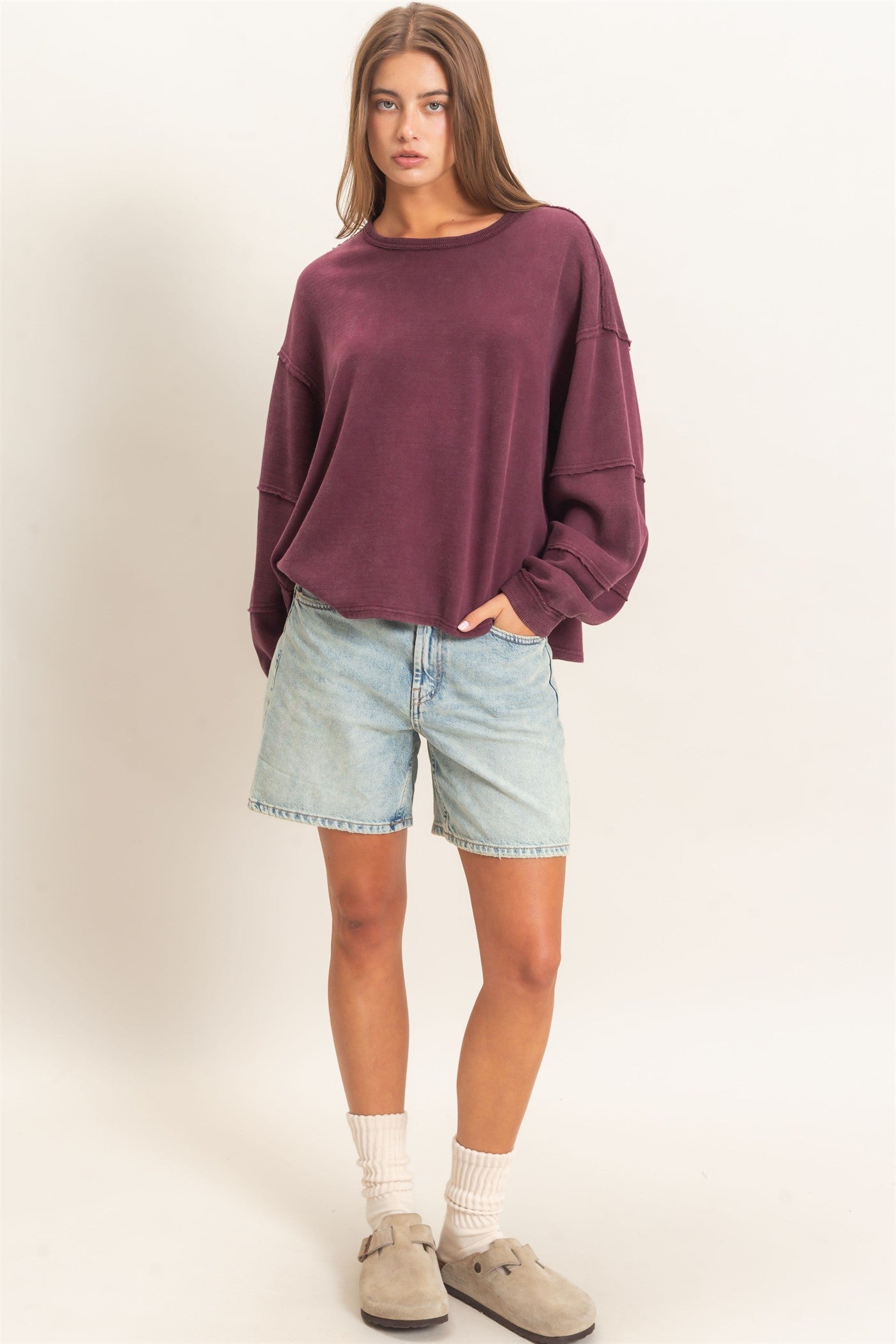 Wholesale Mineral Wash Overzised Raw Edge Crew Neck Top Clothing Tops DZ26E449 DARK CHERRY DOUBLE ZERO