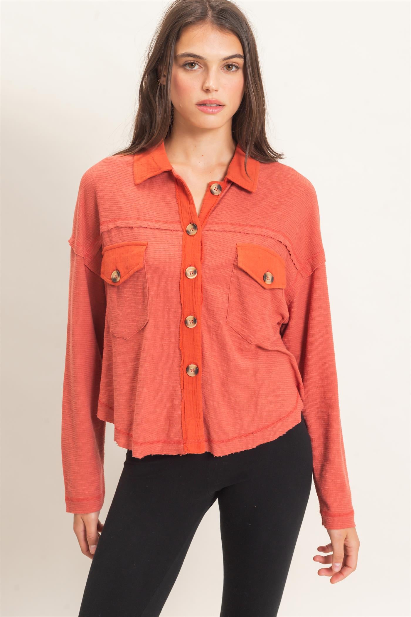 Wholesale Textured Button-Up Shirt Clothing Tops HF26C878 BRICK HYFVE