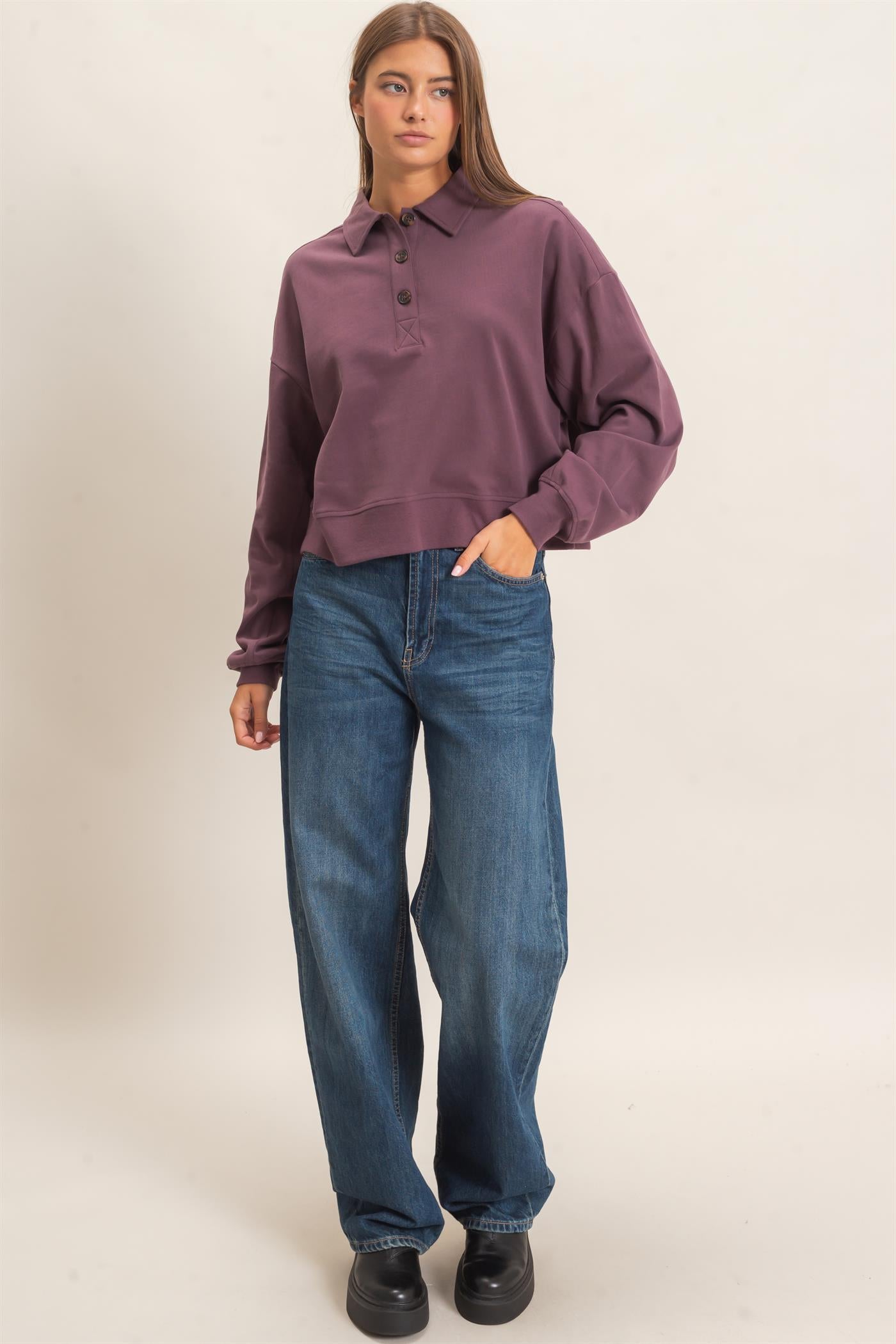 Wholesale Washed Button-Front Collared Sweatshirt Sweatshirts DZ26E390 COCOA DOUBLE ZERO