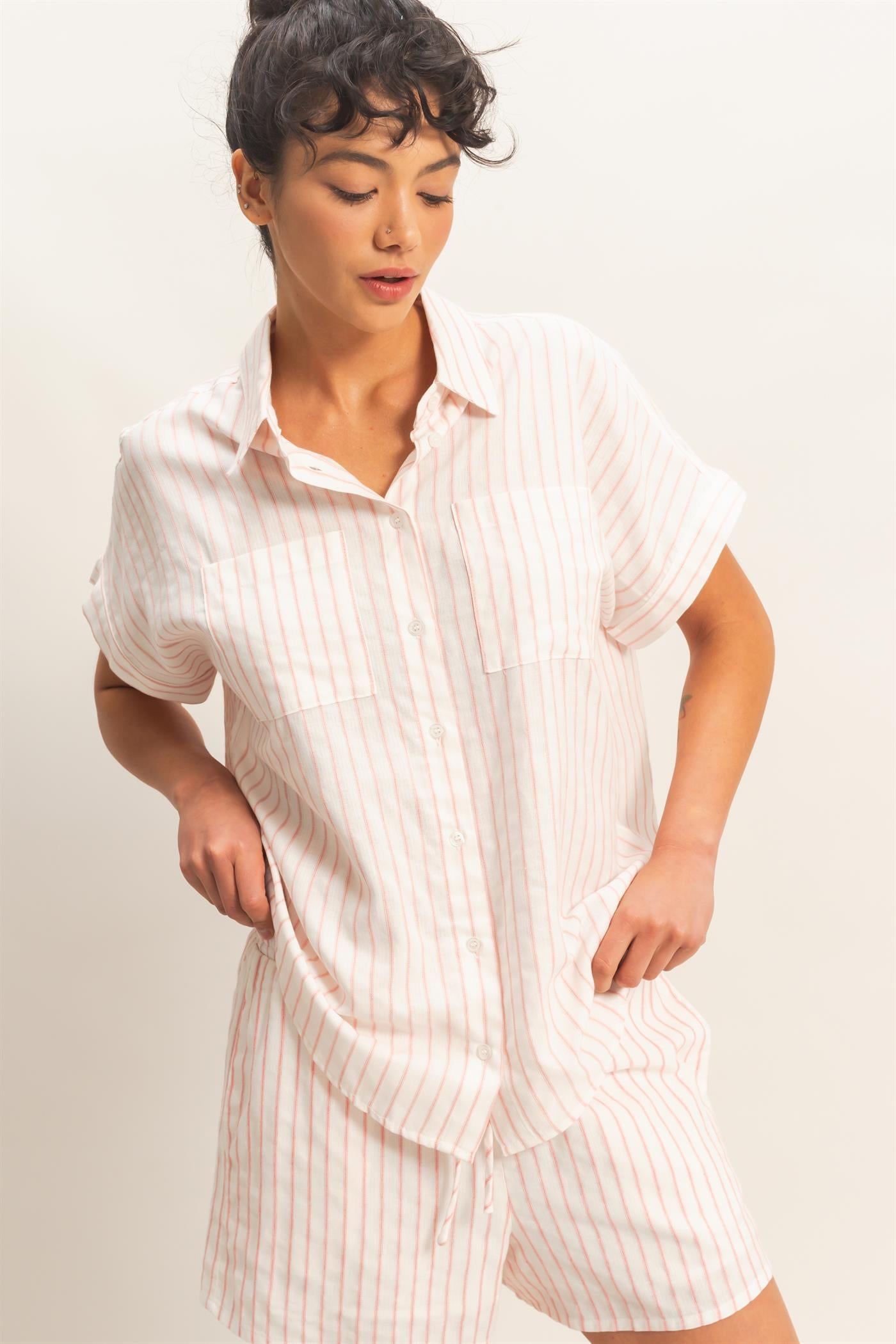 Wholesale Striped Button-Up Dolman Sleeve Shirt Shirts DZ26A207 PINK DOUBLE ZERO