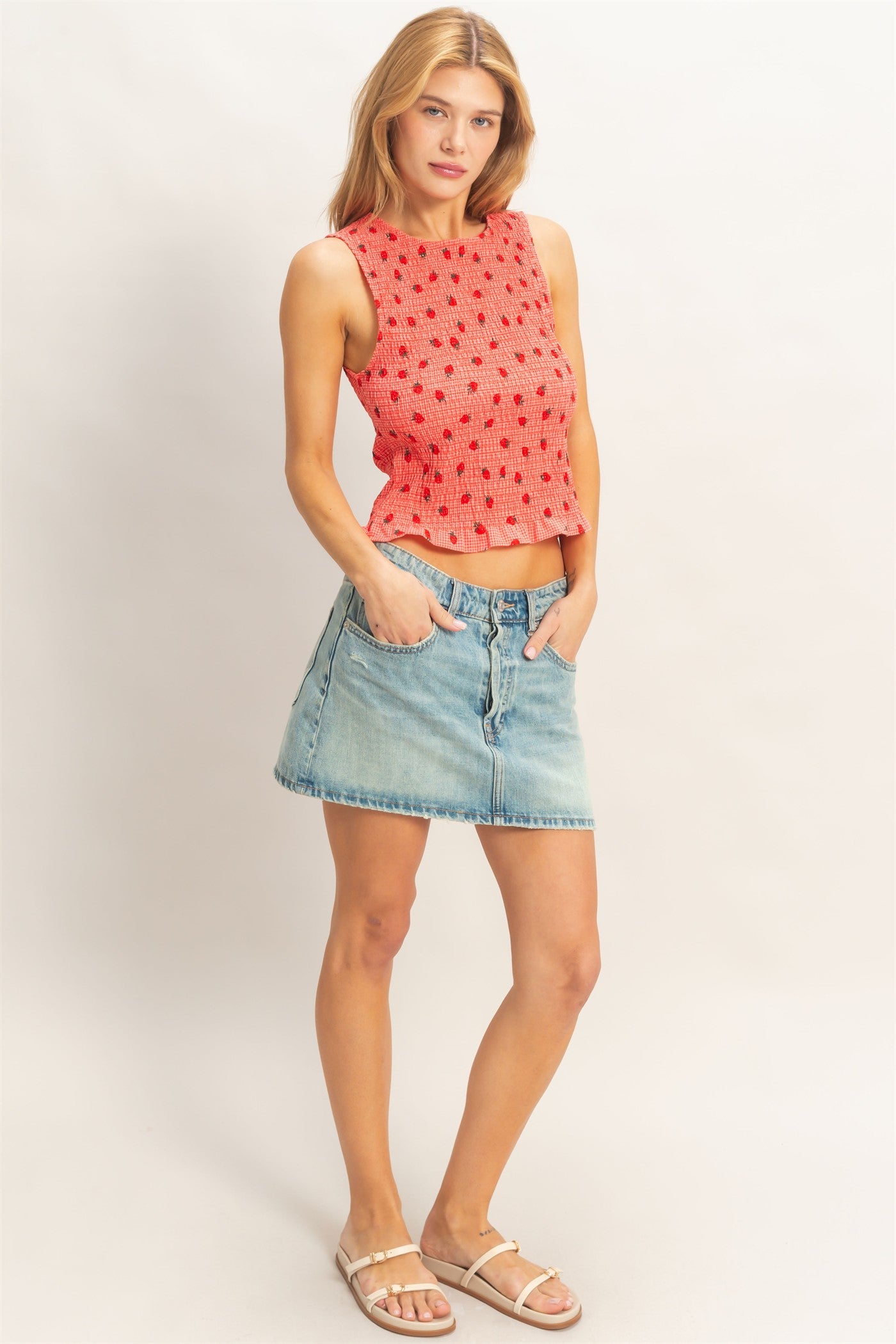 Wholesale Strawberry Print Gingham Smocked Sleeveless Top Clothing Tops HF26E707 RED HYFVE