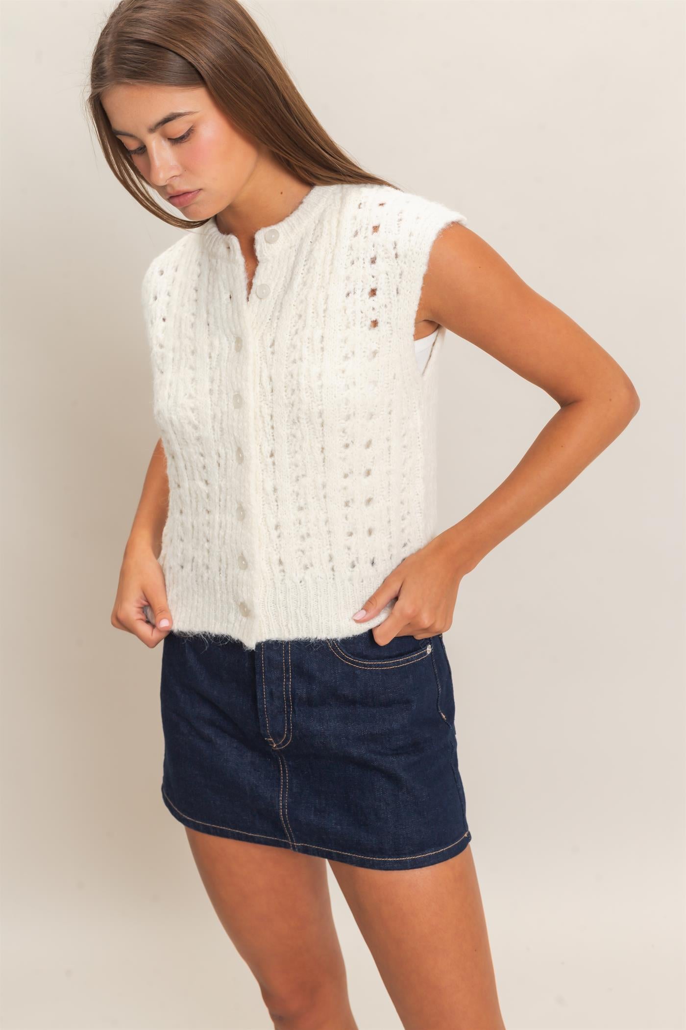 Wholesale Open Knit Sleeveless Button Front Sweater Vest Sweaters DZ26A829 CREAM DOUBLE ZERO
