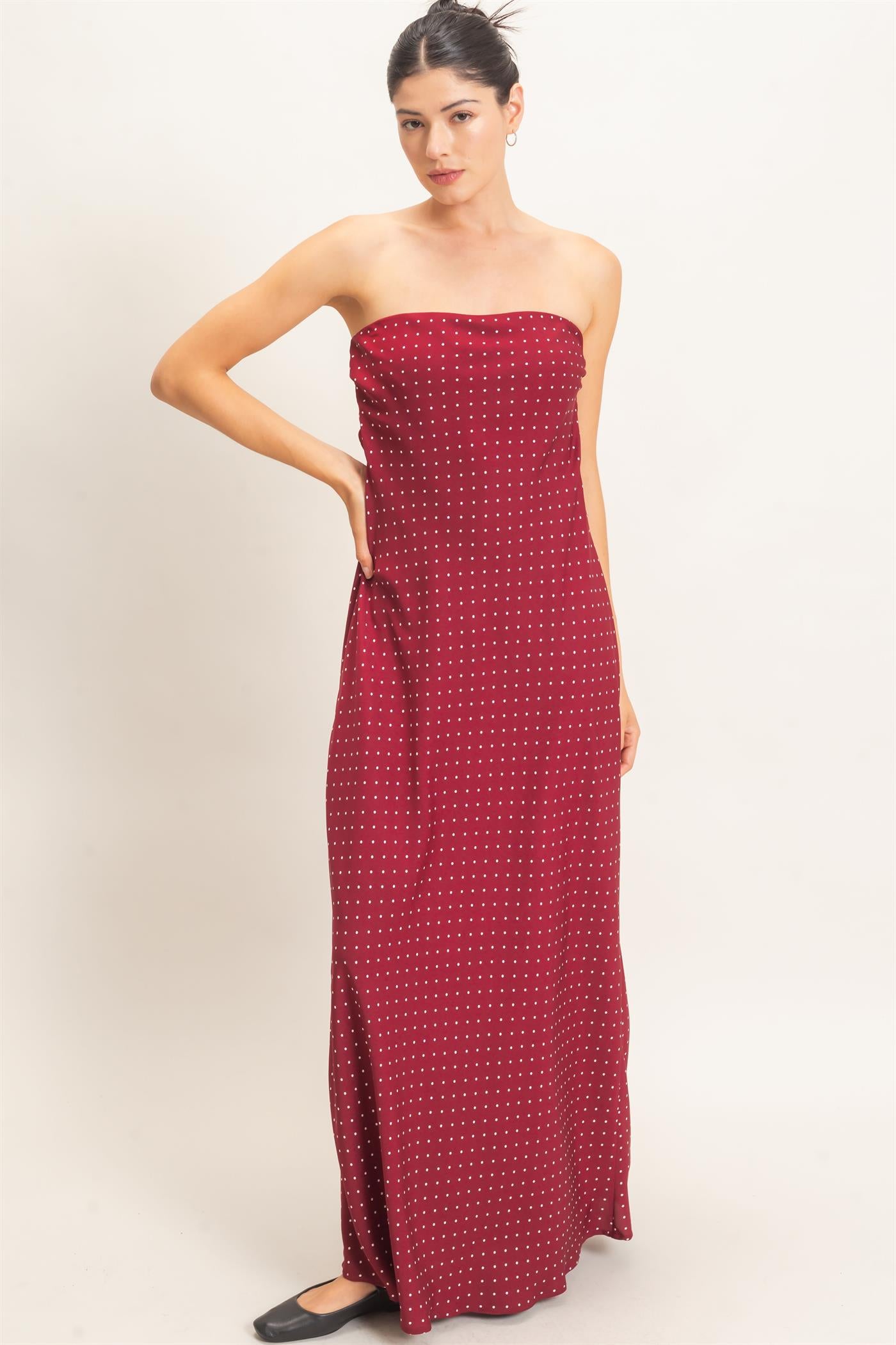 Wholesale Strapless Polka Dot Maxi Dress Dresses HF26E845 BURGUNDY HYFVE