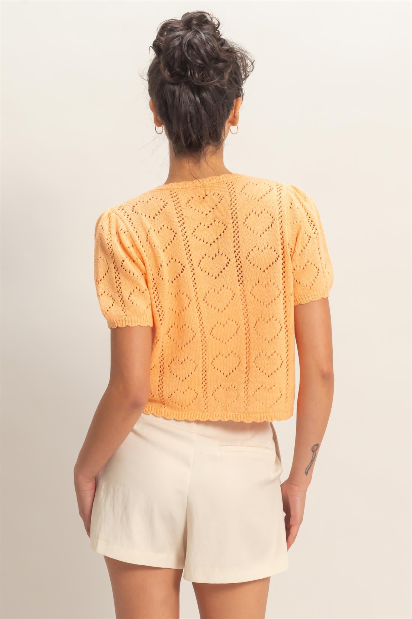 Wholesale Pointelle Knit Puff Sleeve Button Up Cardigan Cardigans DZ26A425 APRICOT HYFVE