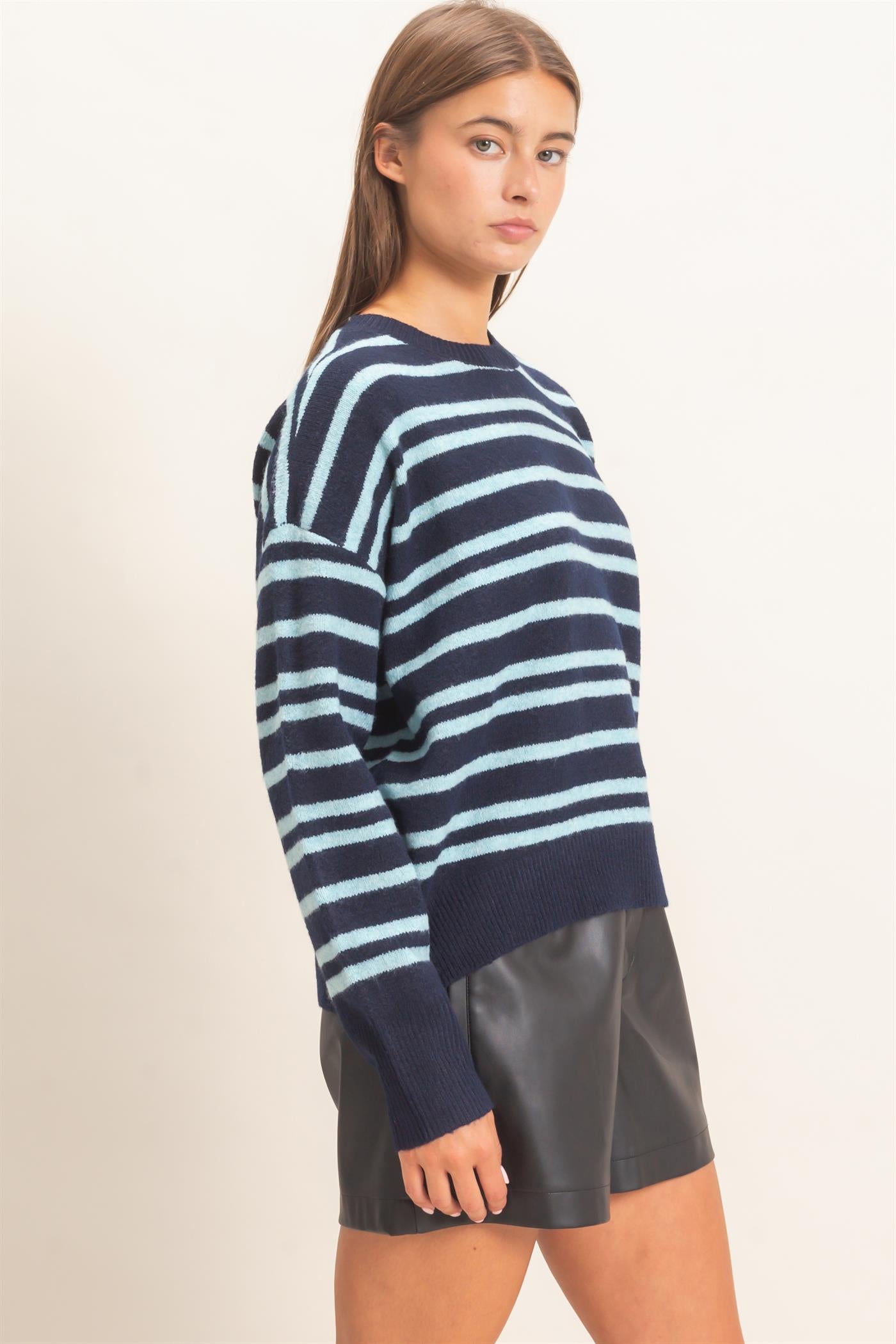 Wholesale Striped Crew Neck Sweater Sweaters DZ26E389 NAVY DOUBLE ZERO