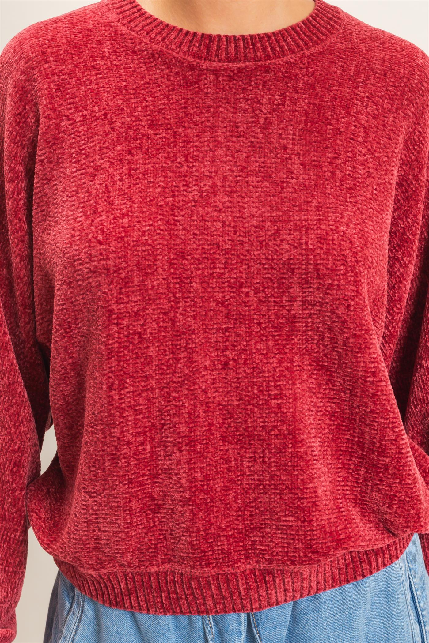 Wholesale Chenille Crew Neck Sweater Sweaters DZ26E264 DARK RED DOUBLE ZERO