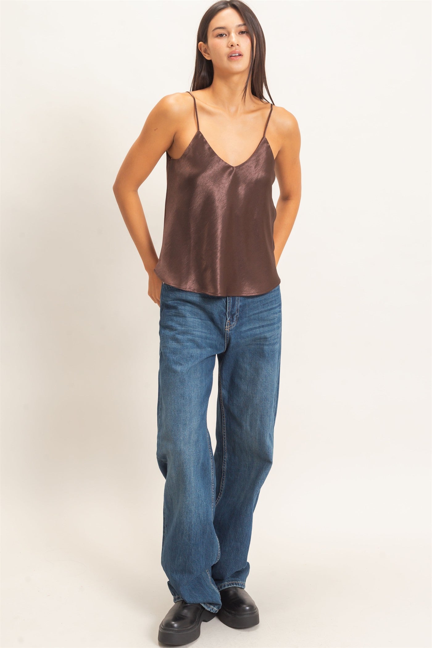 Wholesale V-Neck Satin Cami Top Camisoles DZ26C976 DARK BROWN DOUBLE ZERO