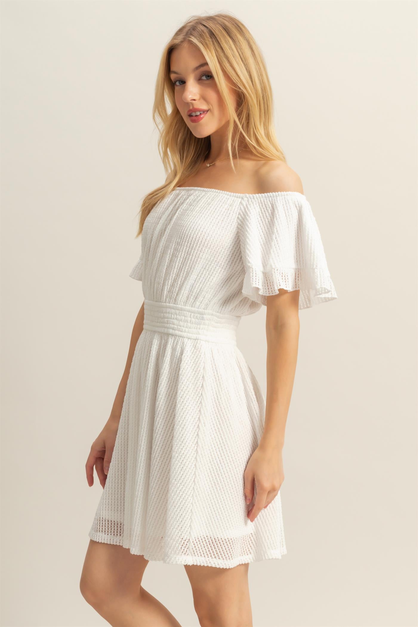 Wholesale Crochet Off-The-Shoulder Mini Dress Dresses HF25E125 WHITE HYFVE