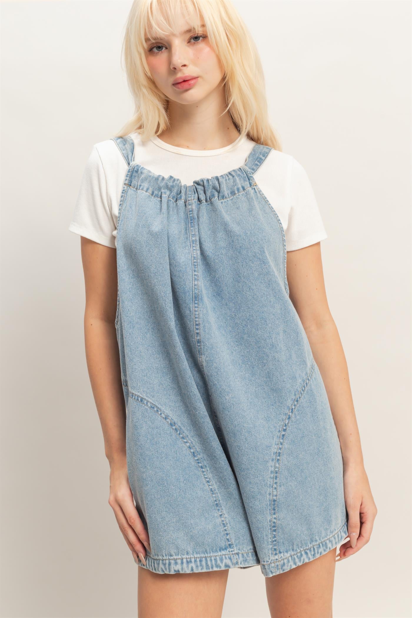 Wholesale Denim Romper With Gathered Neck Clothing DZ26C350 LIGHT BLUE DOUBLE ZERO