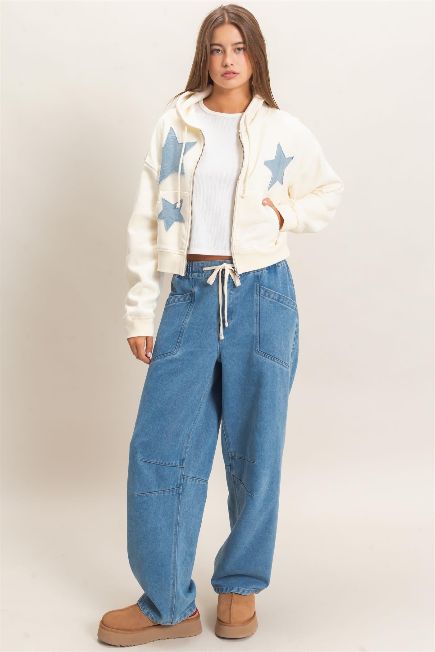 Wholesale Star Patch Zip-Up Hoodie Hoodies DZ26E828 CREAM DOUBLE ZERO