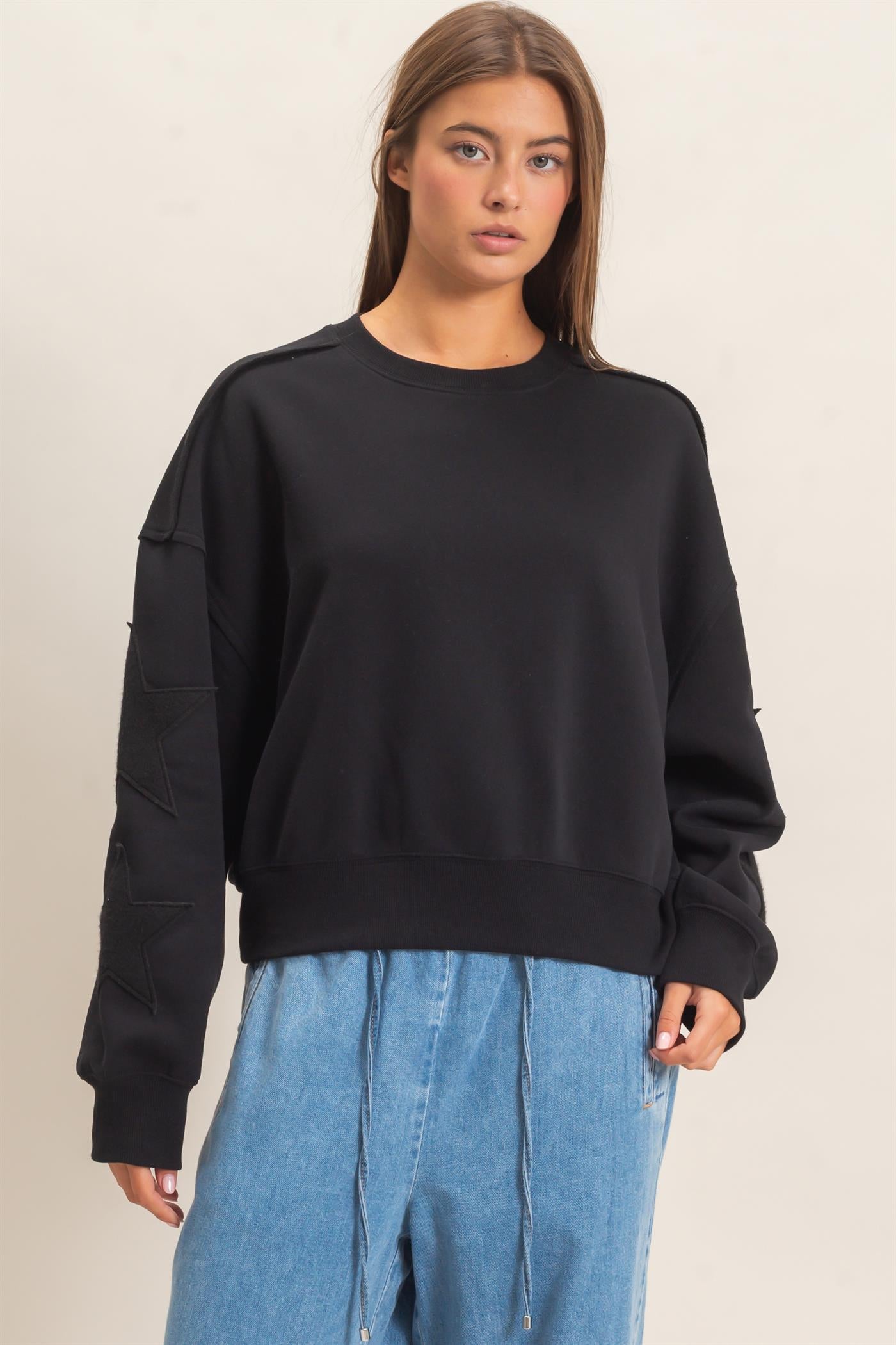 Wholesale Star Patch Sleeve Sweatshirt Sweatshirts DZ26E888 BLACK DOUBLE ZERO