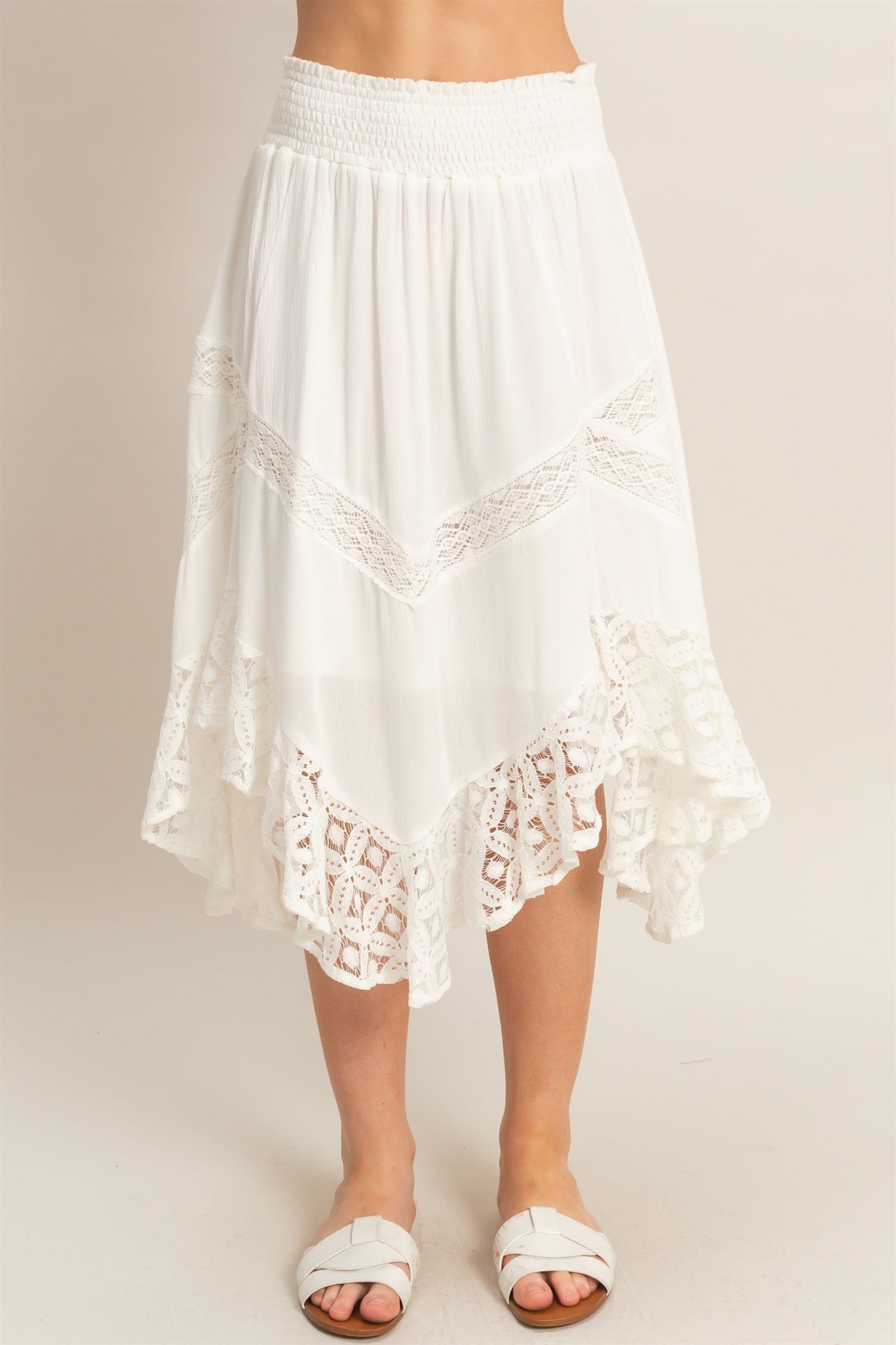 Wholesale Smocked Waist Lace Hem Skirt Skirts HF26A384 OFF WHITE HYFVE