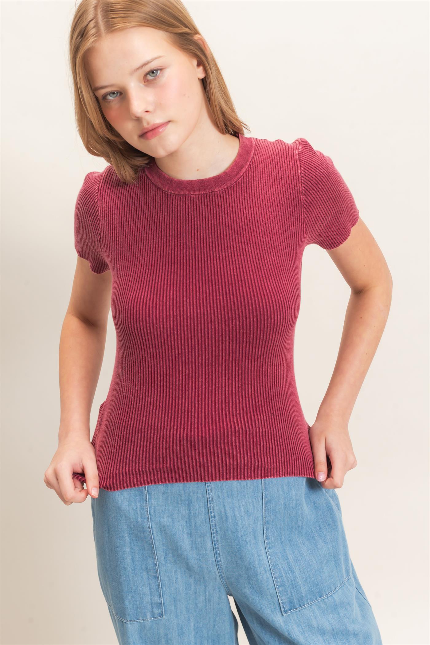 Wholesale Ribbed Crew Neck Top Clothing Tops HF26E473 DECO ROSE HYFVE