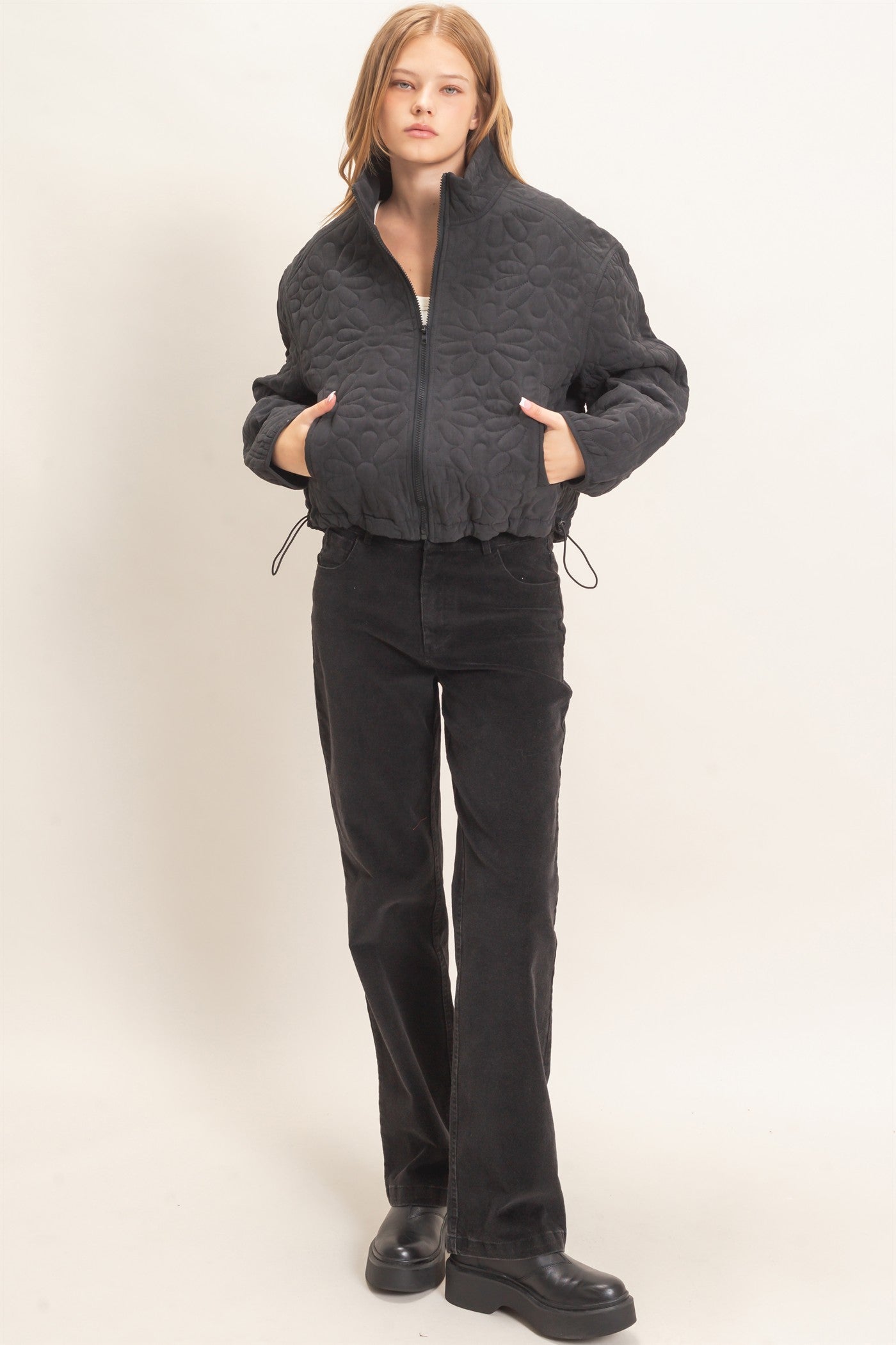 Wholesale Daisy Quilted Mock Neck Jacket Coats & Jackets HF26C821 BLACK HYFVE